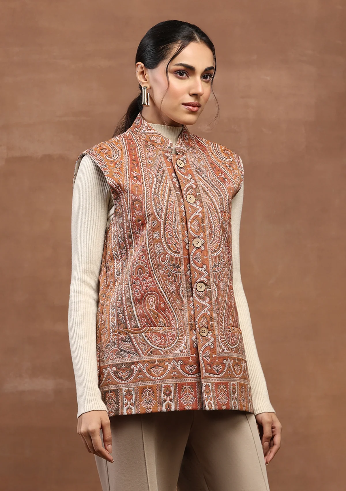 HOC Kashmiri Wool Kani Weave Women's Jacket -Beige - Healthber