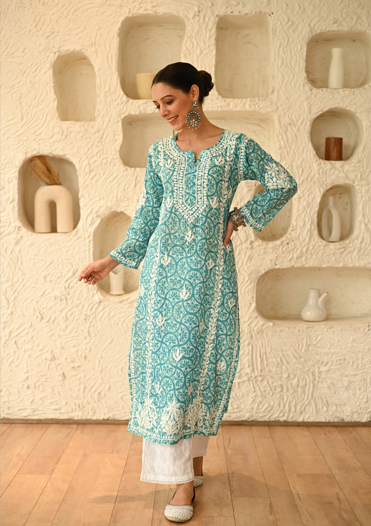HOC Aidah Chikankari Printed Mulmul Straight Kurta - Healthber