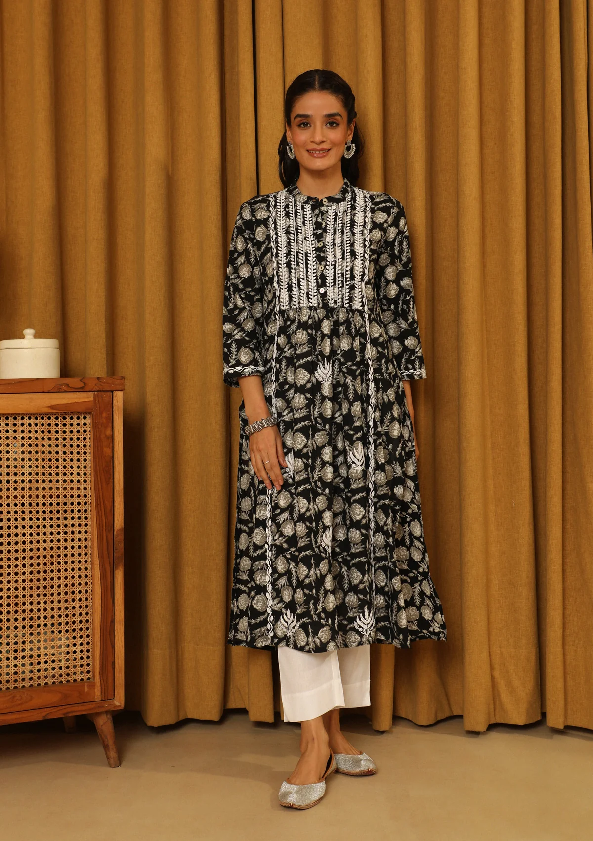 HOC Cotton Chikankari Printed Women's Long Kurta - Black - Healthber