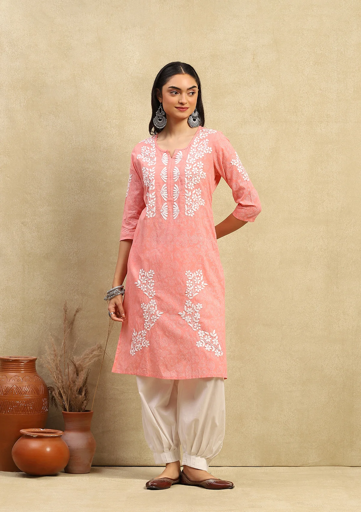 HOC Cotton Chikankari Printed Women's Long Kurta - Peach - Healthber