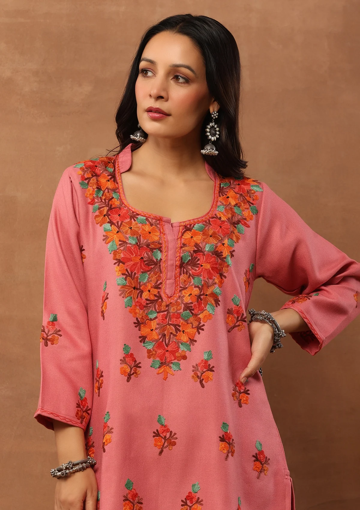 HOC Woollen Aari Embroidered Solid Women's 2 PC Short Kurta Set - Pink - Healthber