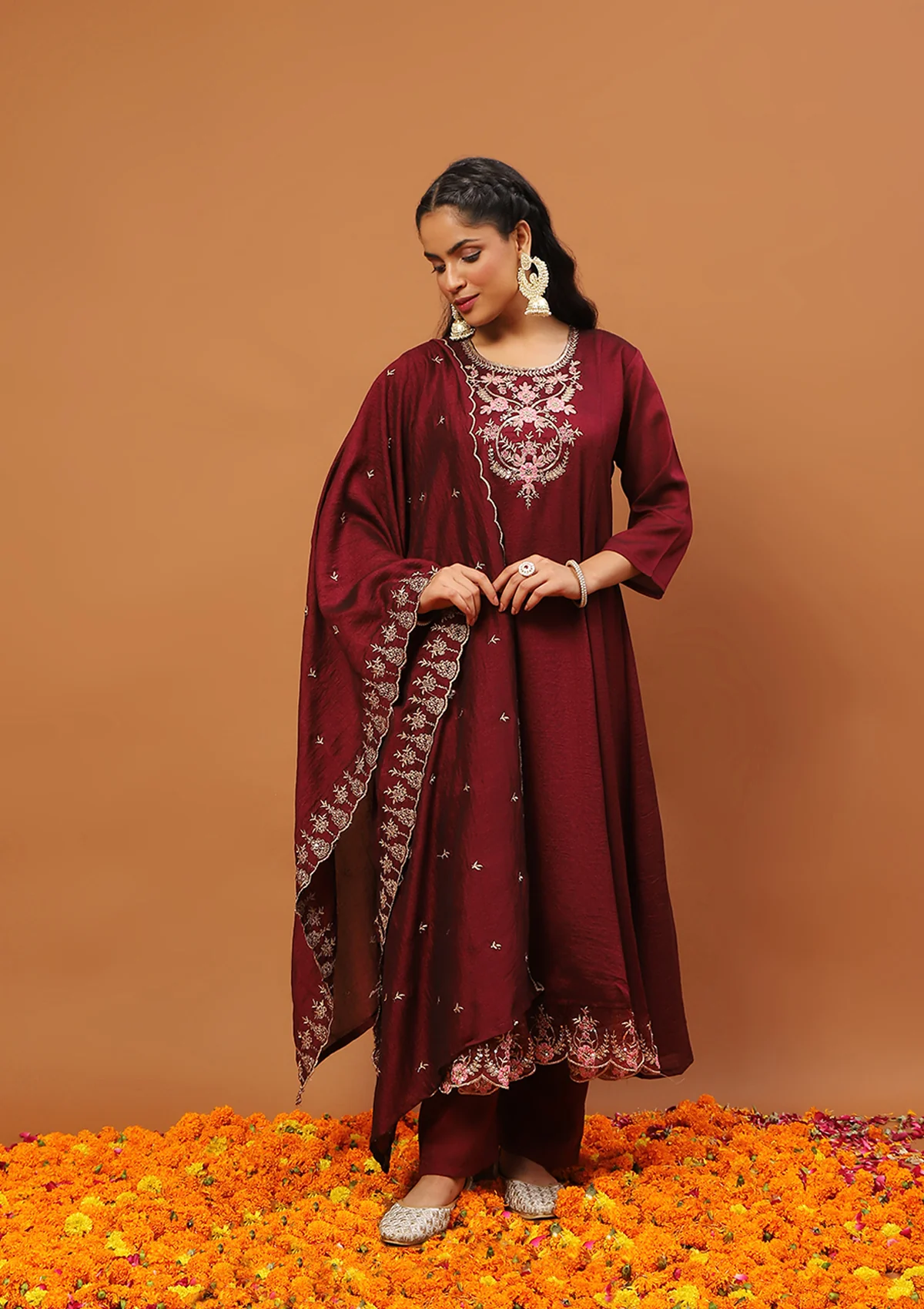 HOC Silk Blend Zari Embroidered With Sequins Solid Women's 3 PC Anarkali Kurta Set-Maroon - Healthber