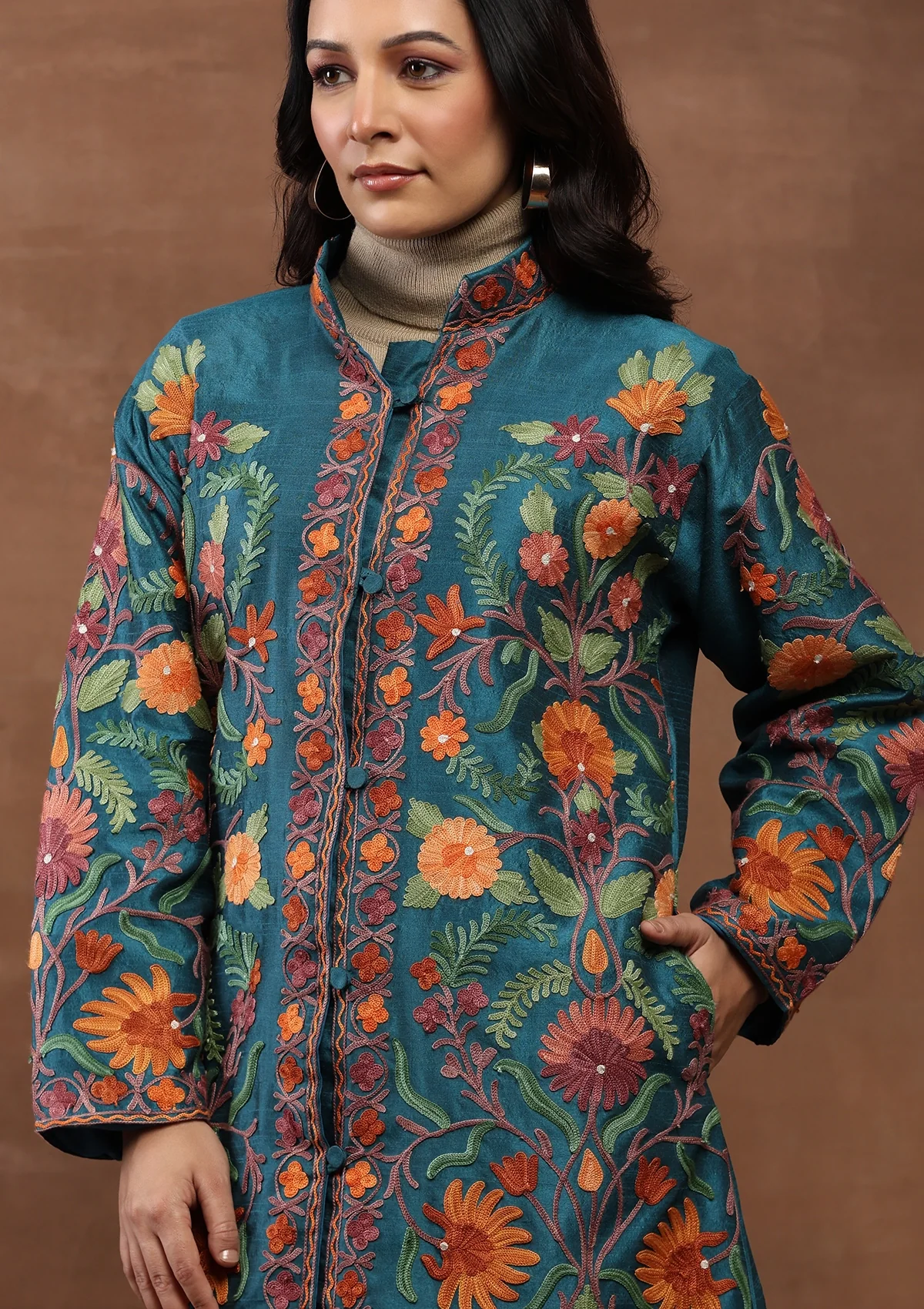 HOC Kashmiri Art Silk Aari Embroidered Solid Women's Long Jacket-Turquoise Blue - Healthber