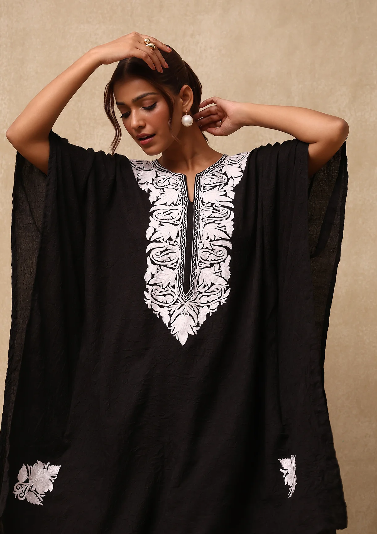 HOC Aari Embroidered Cotton Crush Crepe Solid Women's 2PC Kaftan Set - Black - Healthber