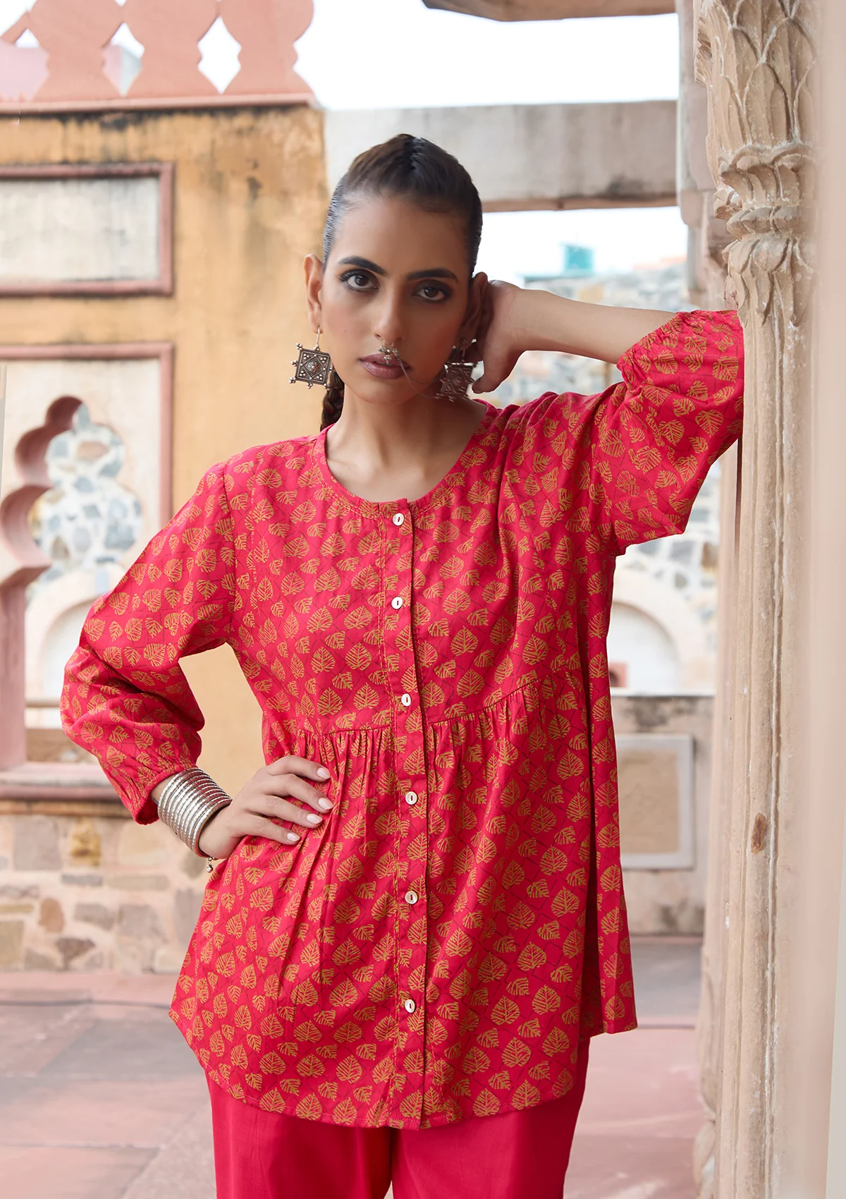 HOC Glazed Cotton Hand Block Printed with Hand Embroidery Women's 2 PC Co-ord Set - Pink - Healthber