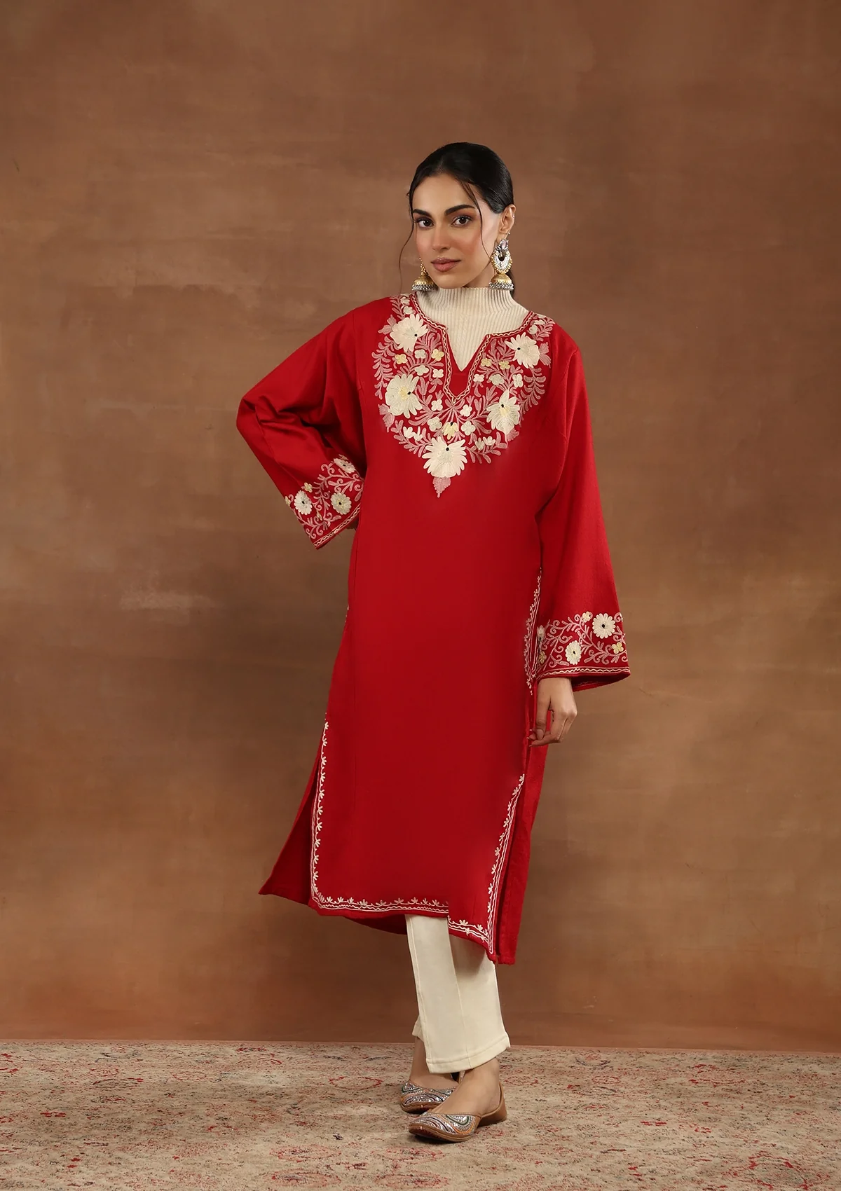 HOC Kashmiri Wool Aari Embroidered Solid Women's Phiran Kurta-Red - Healthber