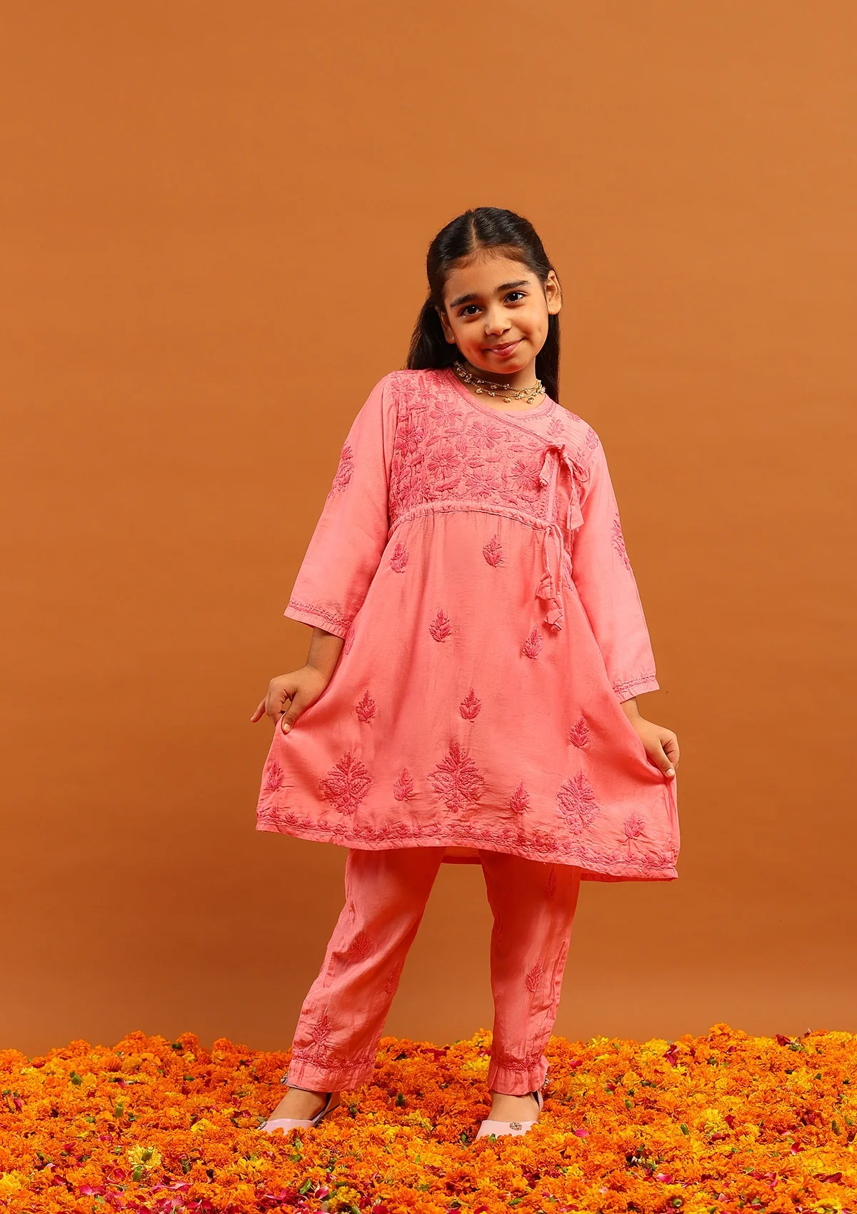 HOC Chanderi Chikankari Solid Girl's 2 PC Kurta Set Angrakha-Pink - Healthber