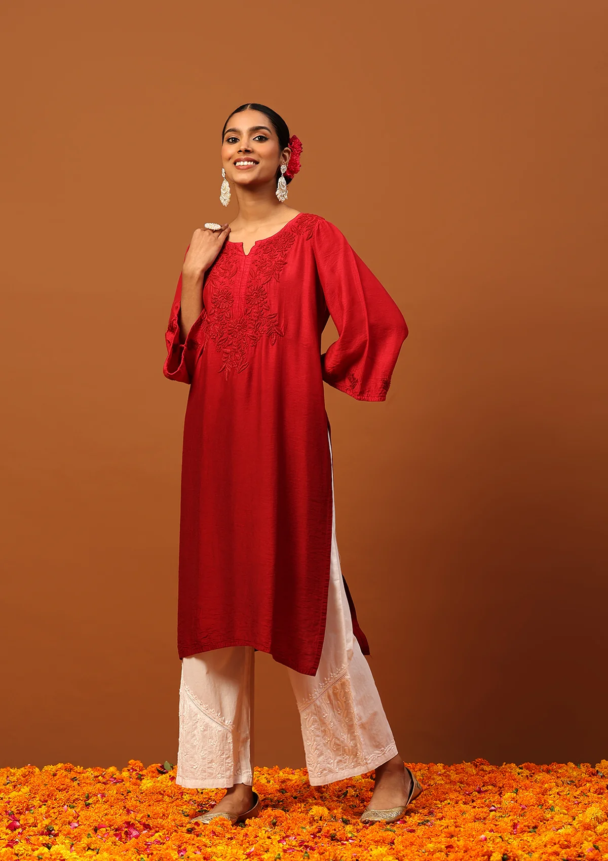 HOC Chanderi Chikankari Ombre Women's Long Kurta -Maroon - Healthber