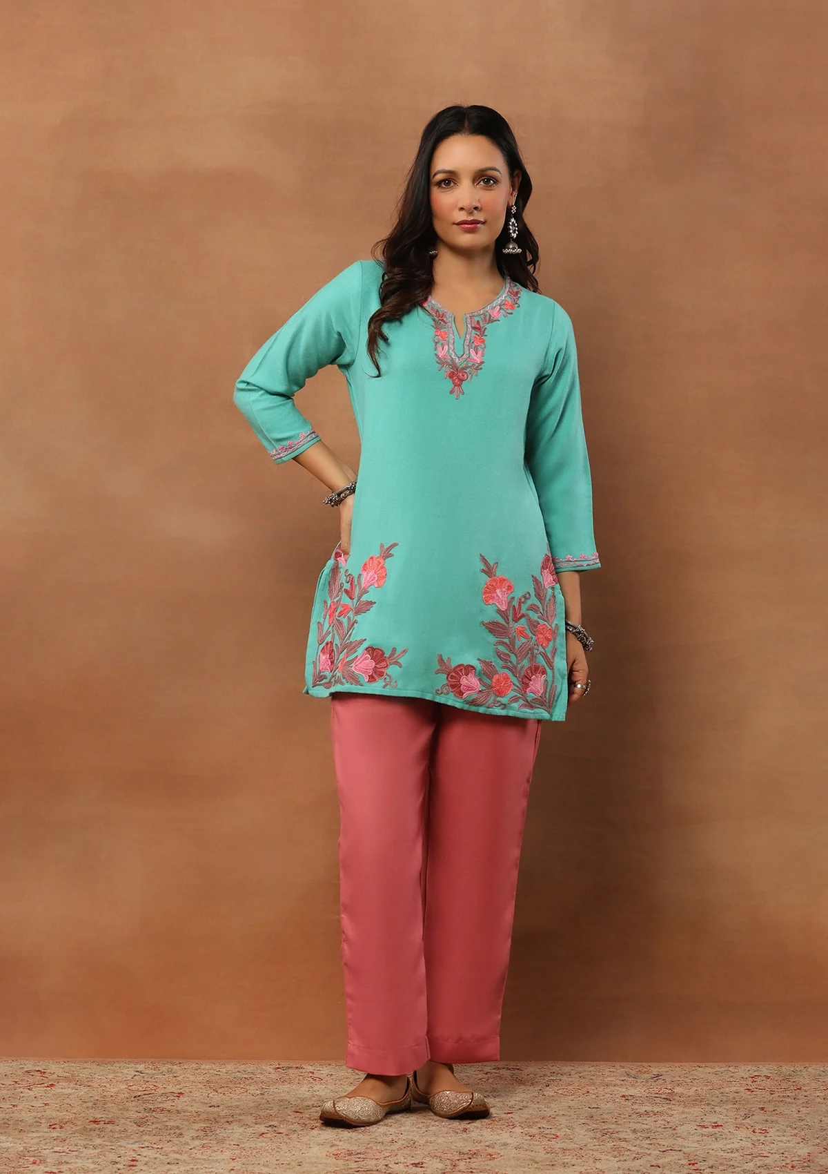 HOC Aari Embroidered Woollen Solid Women's Short Kurta - Turquoise Blue - Healthber