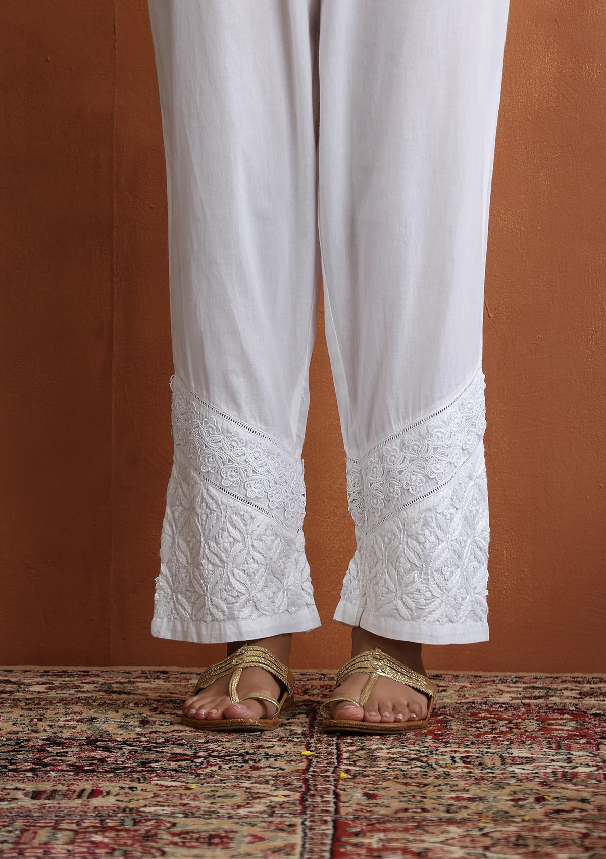 HOC Cotton Chikankari Solid Women's Pants With Lace - White - Healthber