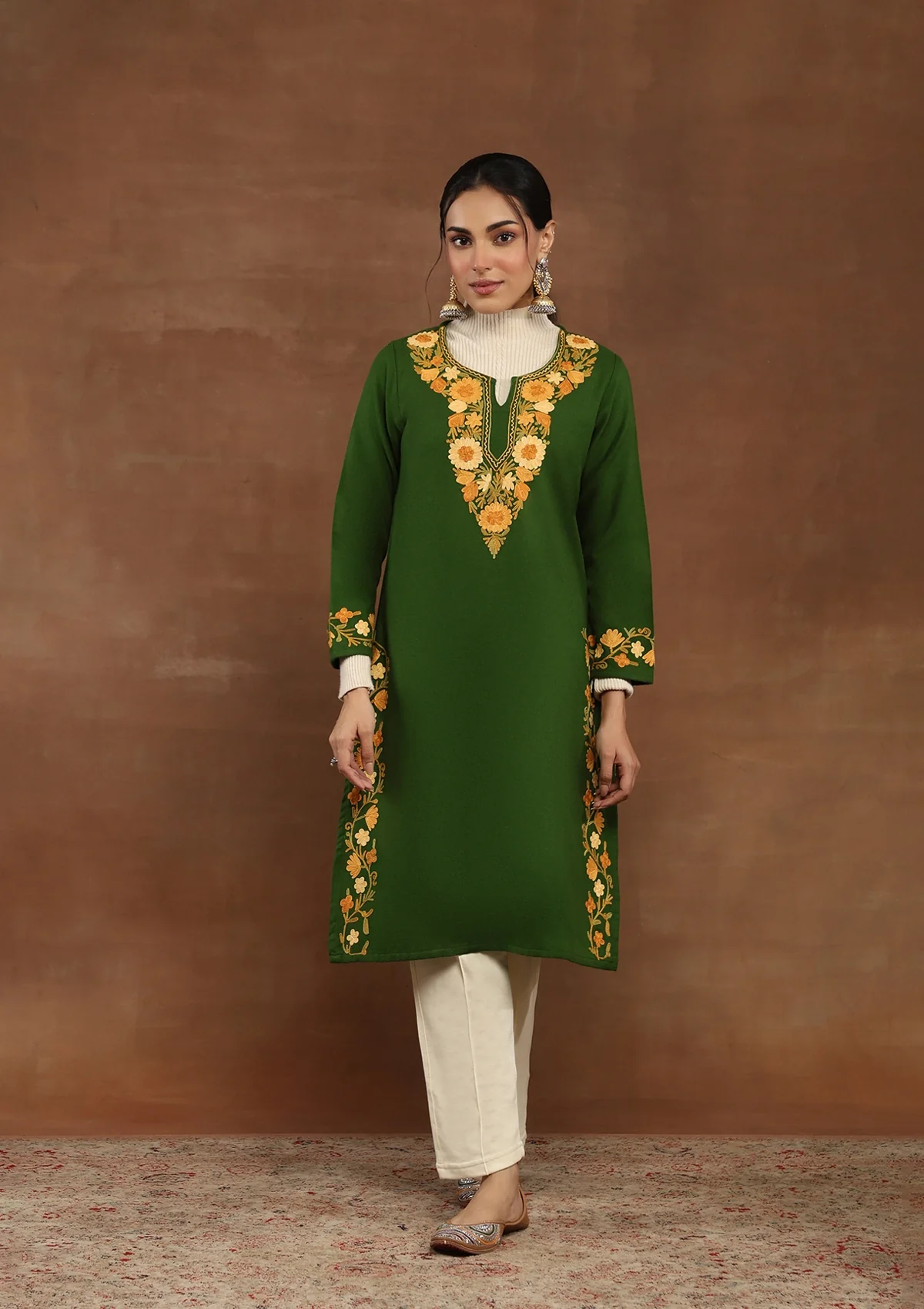HOC Kashmiri Wool Aari Embroidered Solid Women's Long Kurta -Green - Healthber