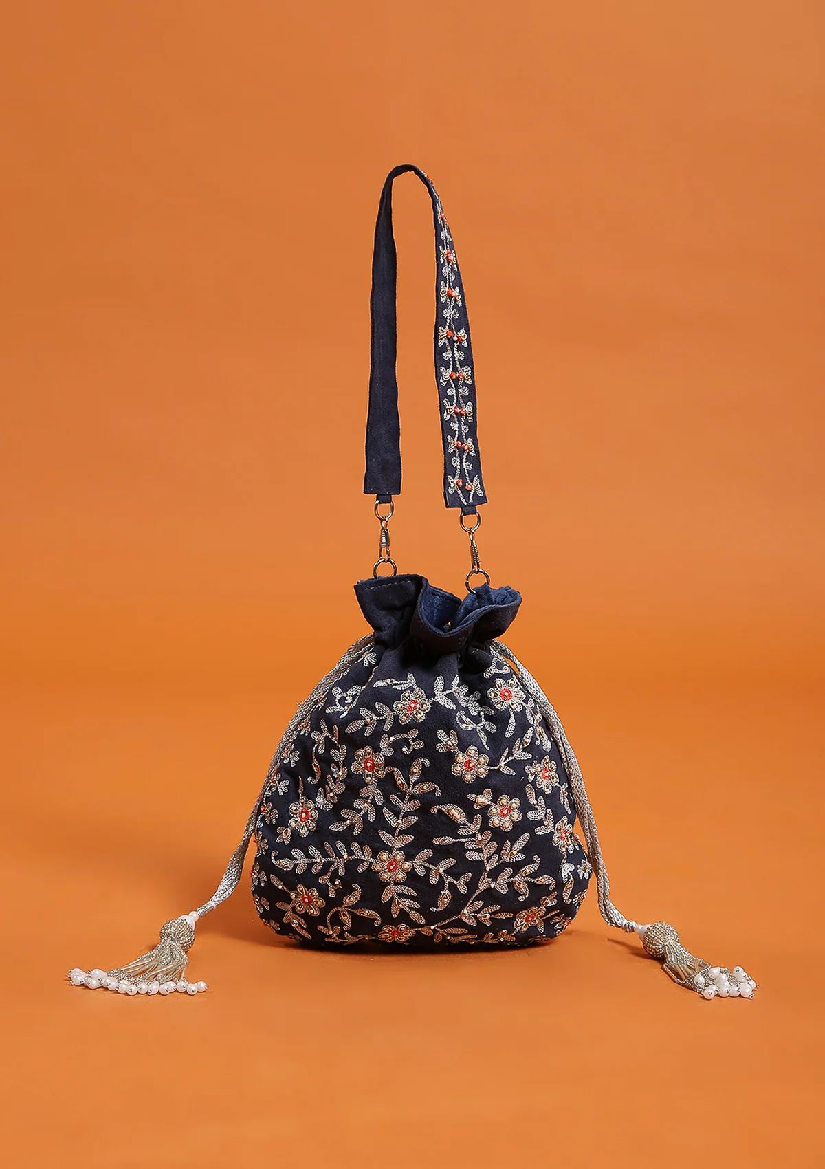 HOC Zari Suede Hand Embellished Potli-Navy Blue - Healthber