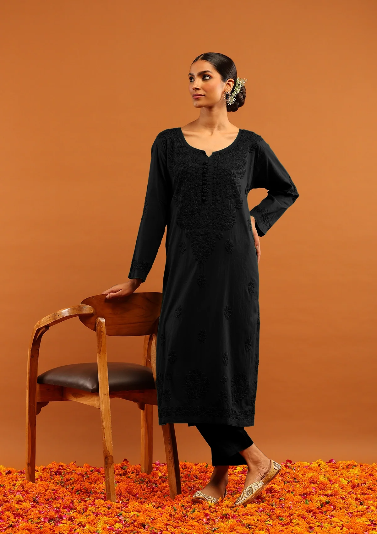 HOC Dobby Cotton Chikankari Solid Women's Long Kurta - Black - Healthber