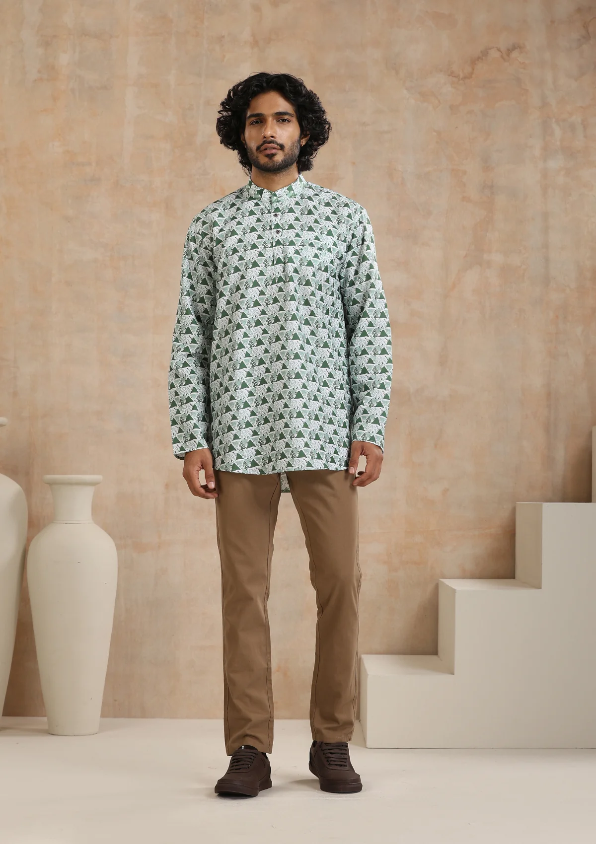 HOC Poly Cotton Printed Men's Short Kurta - Green - Healthber