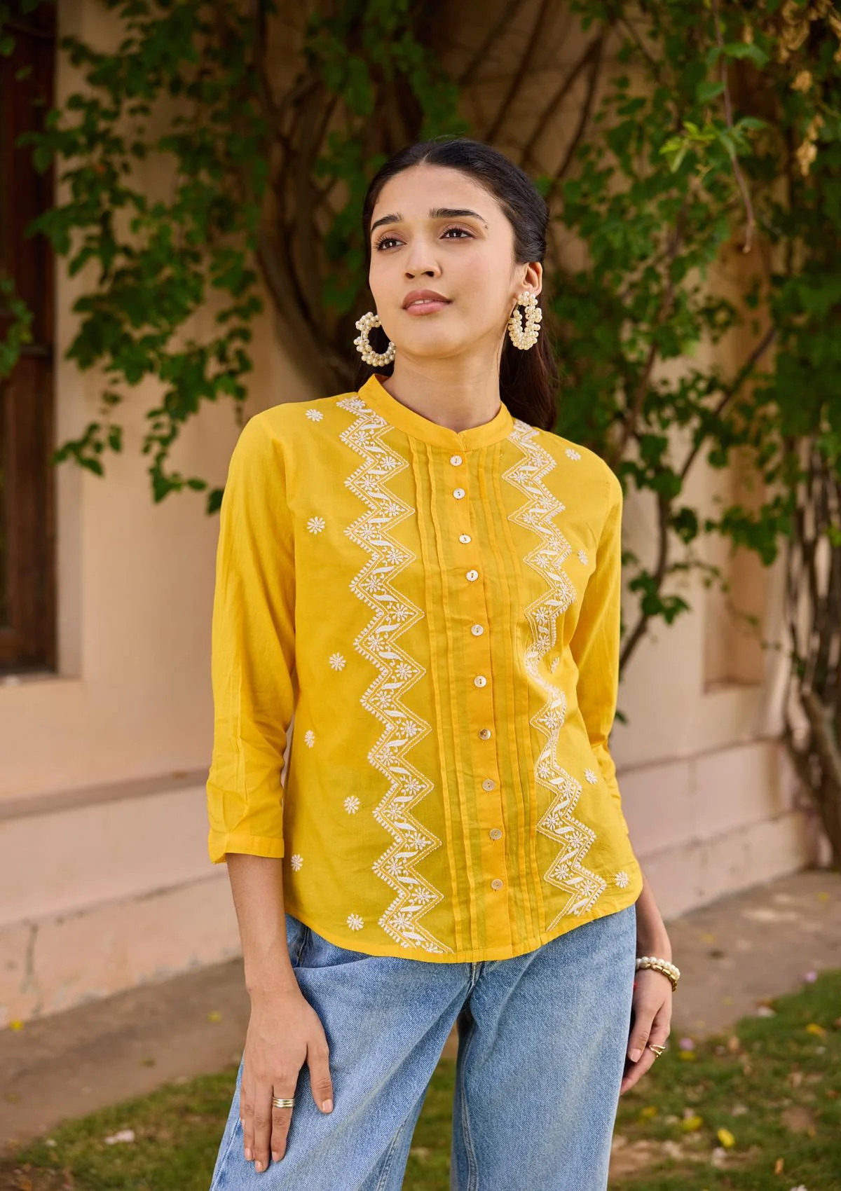 HOC Cotton Chikankari Solid Women's Shirt - Yellow - Healthber