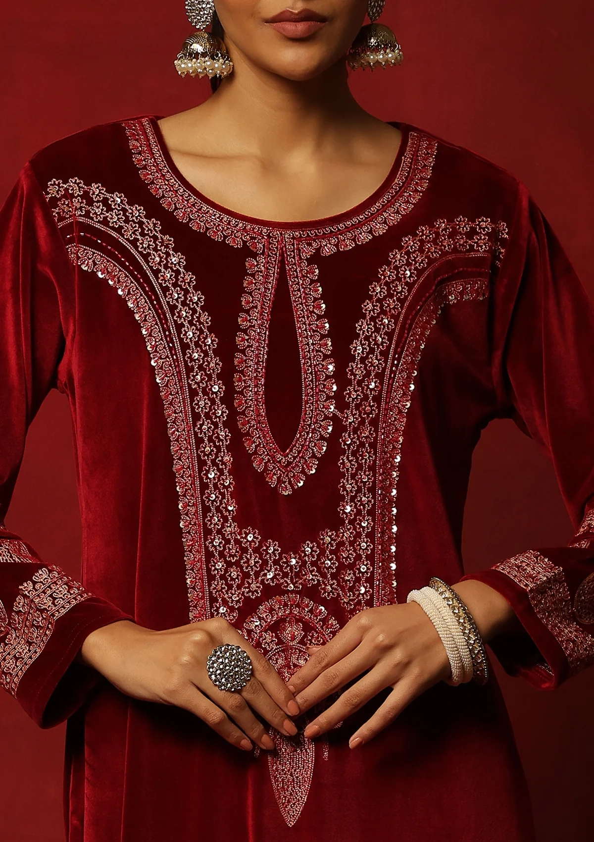 HOC Velvet Embroidered & Embellished Solid Women's 3 PC Kurta Set- Maroon - Healthber