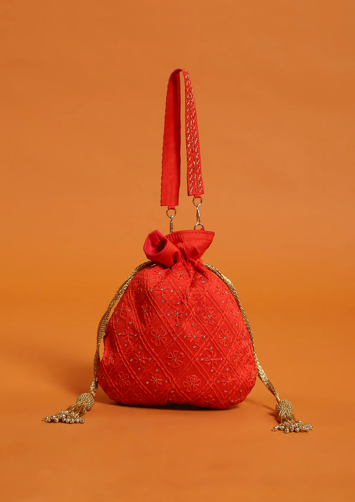 HOC Silk Chikankari Potli With Zari Work-Red - Healthber