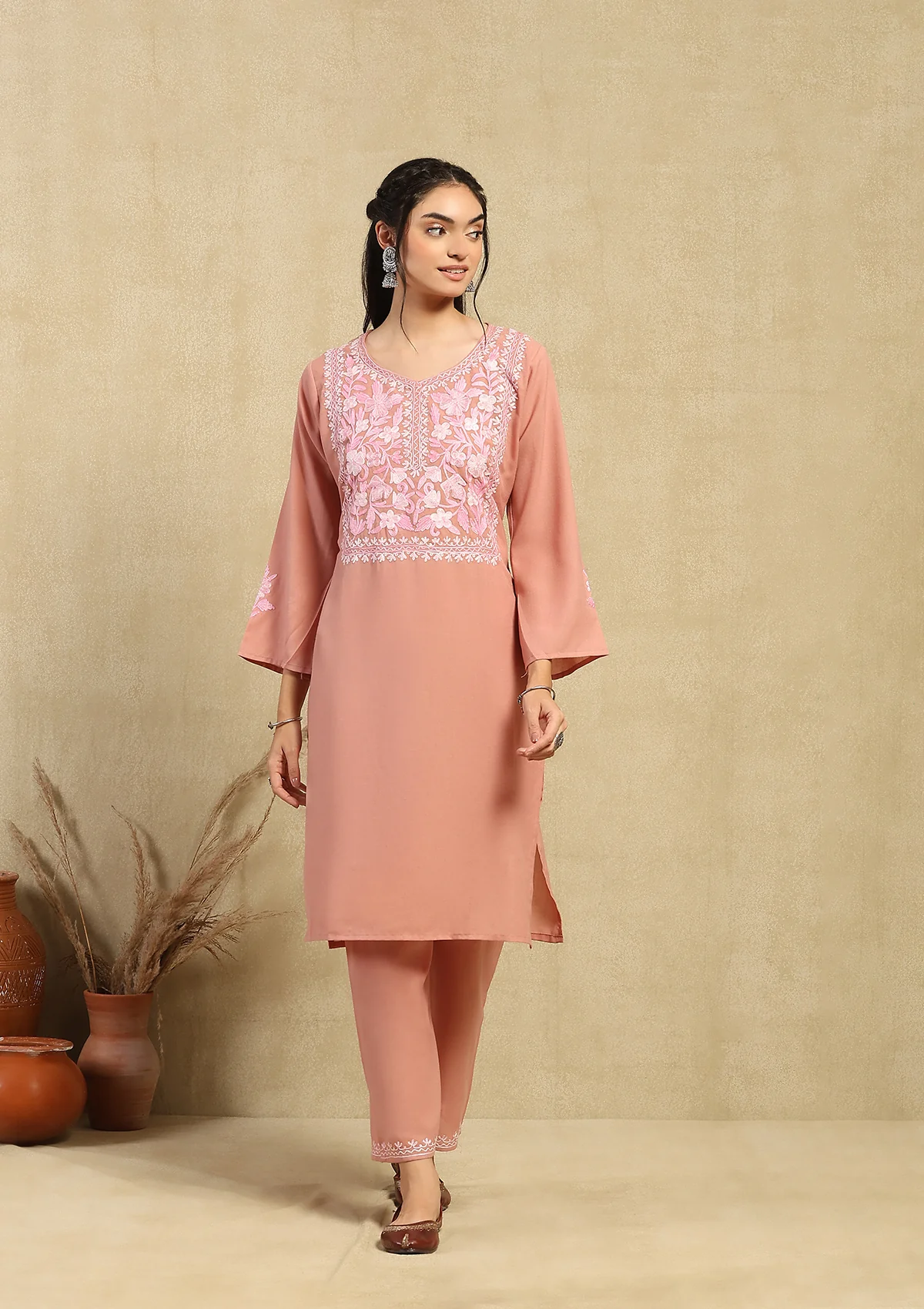 HOC Cotton Aari Embroidered Solid Women's 2 PC Long  Kurta Set - Pink - Healthber