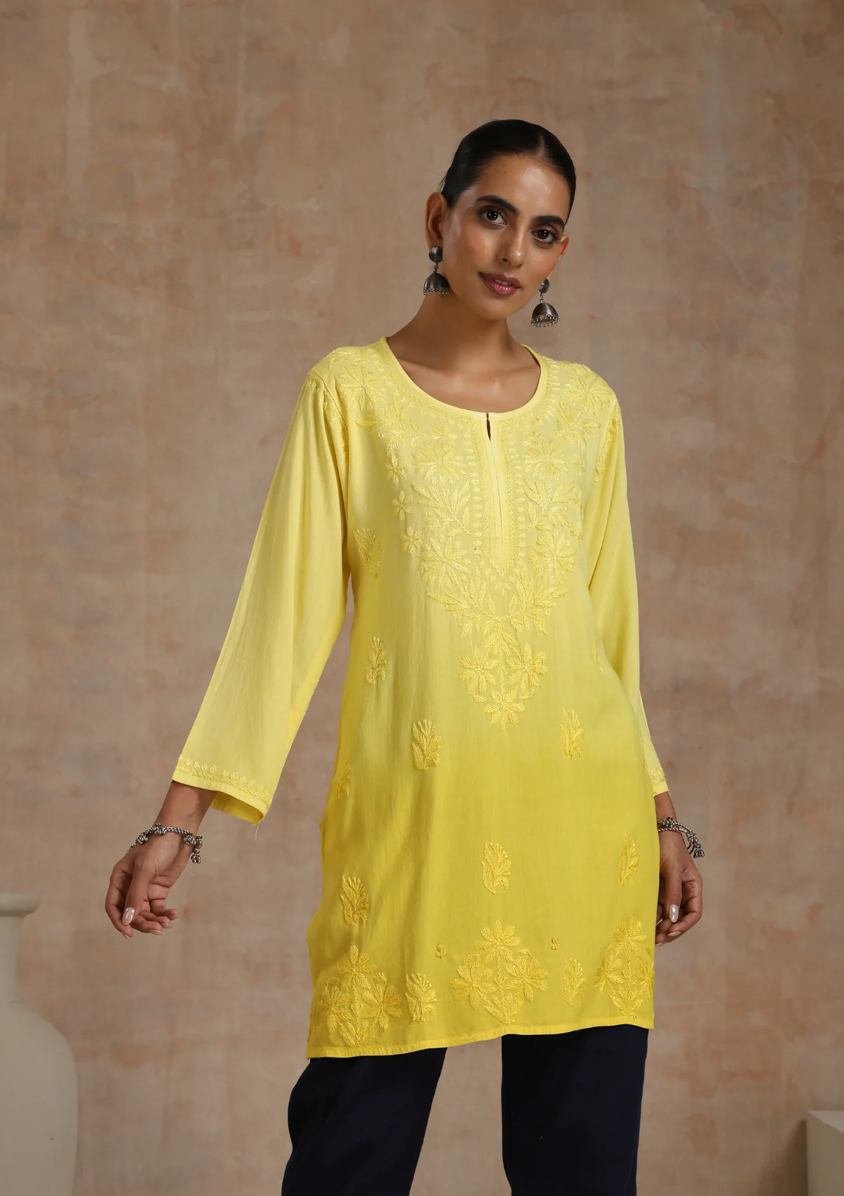 Rayon Chikankari Solid Women's Short Kurta - Yellow - Healthber