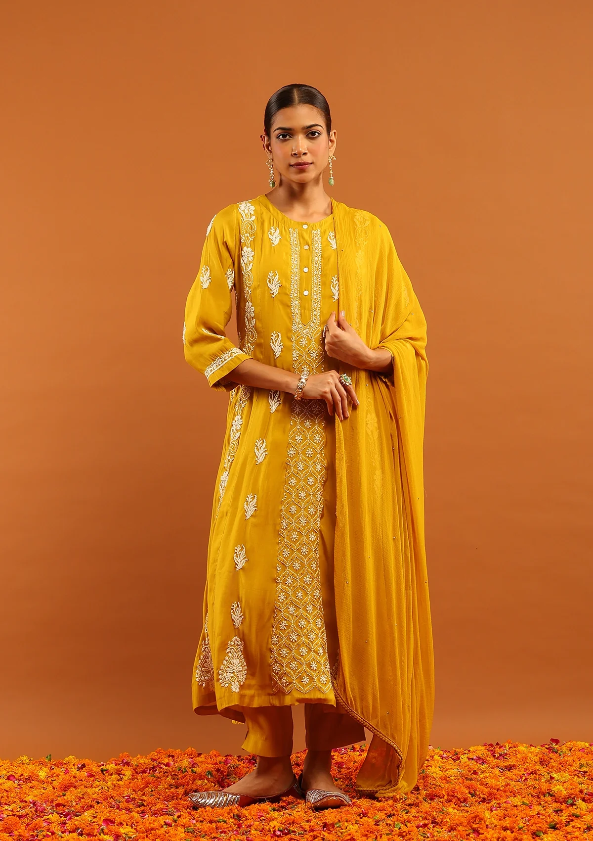 HOC Chanderi Chikankari Solid Women's 3 PC Anarkali Kurta Set-Yellow - Healthber
