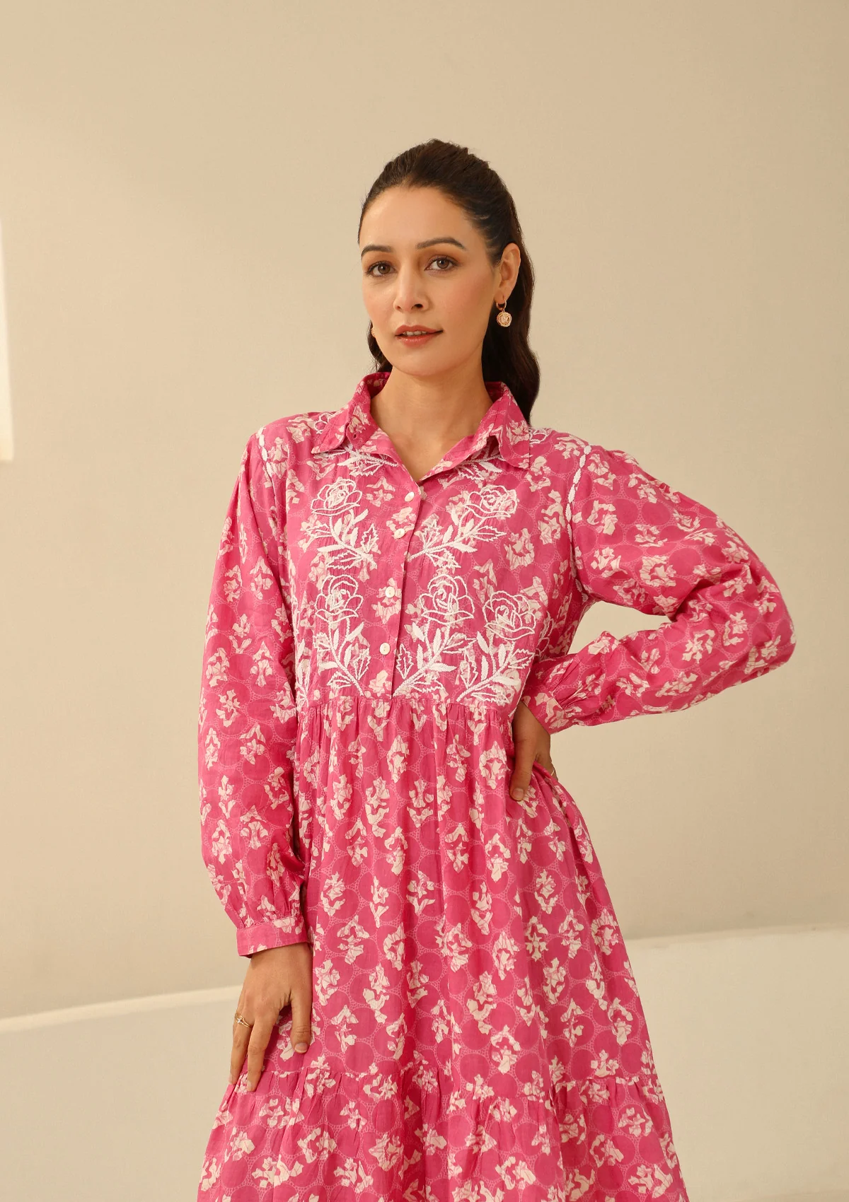 HOC Cotton Chikankari Printed Women's Long Dress - Pink - Healthber