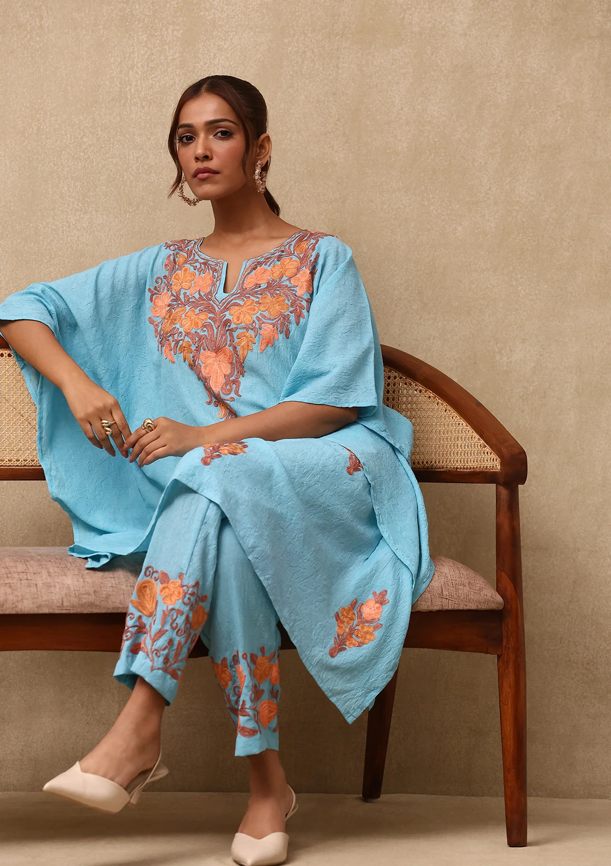 HOC Aari Embroidered Cotton Crush Crepe Solid Women's 2PC Kaftan Set - Sky Blue - Healthber