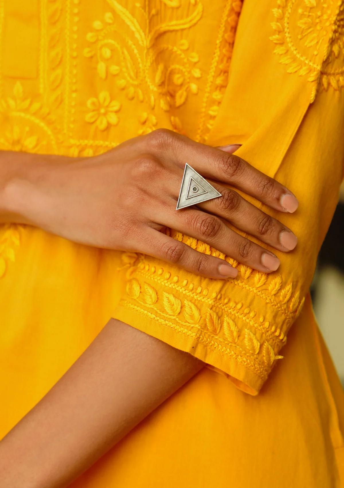 HOC Silver Tone Handcrafted Embossed Triangular Ring - Healthber