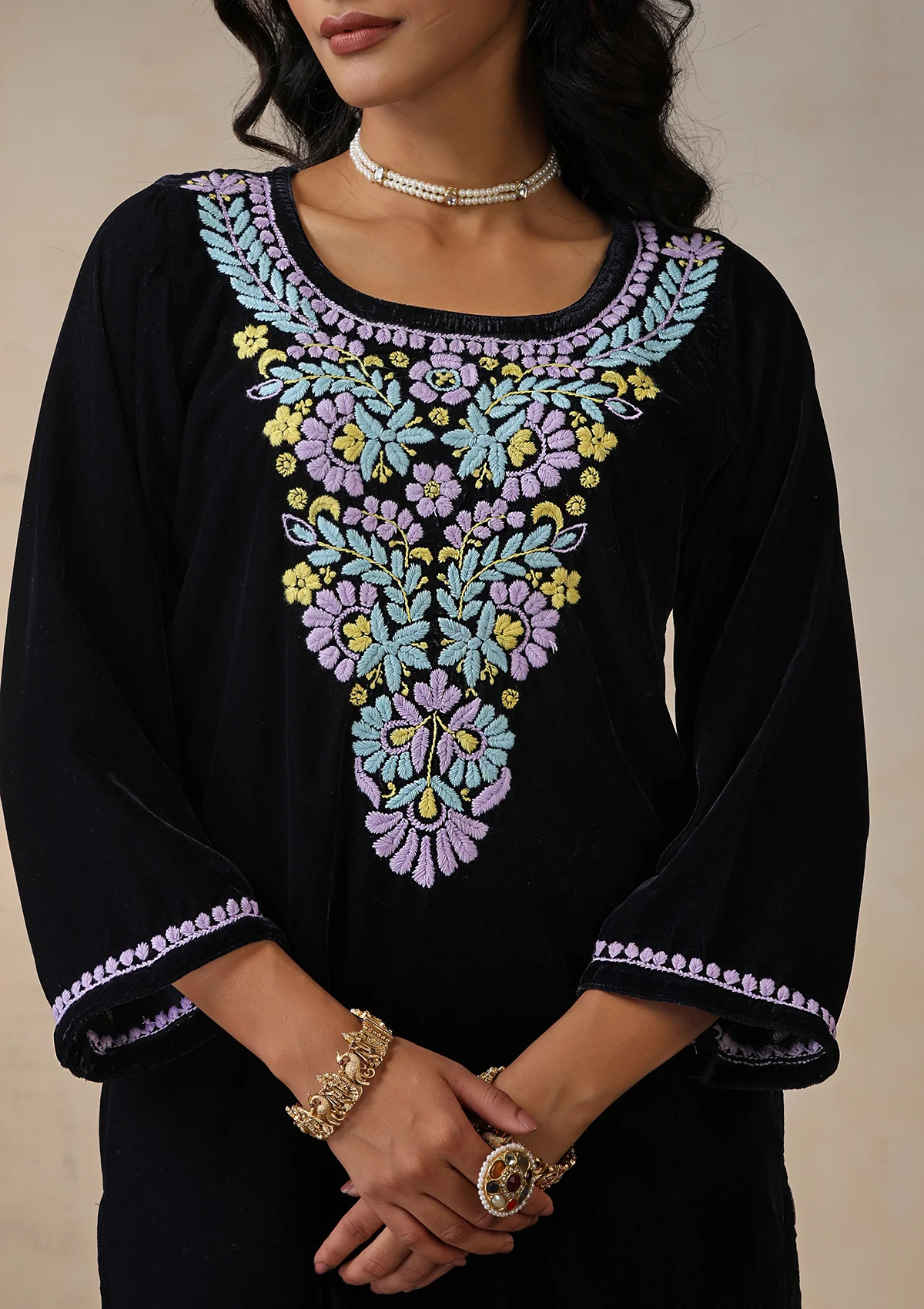 HOC Velvet Chikankari Solid Women's 2 PC Long Kurta Set - Navy Blue - Healthber