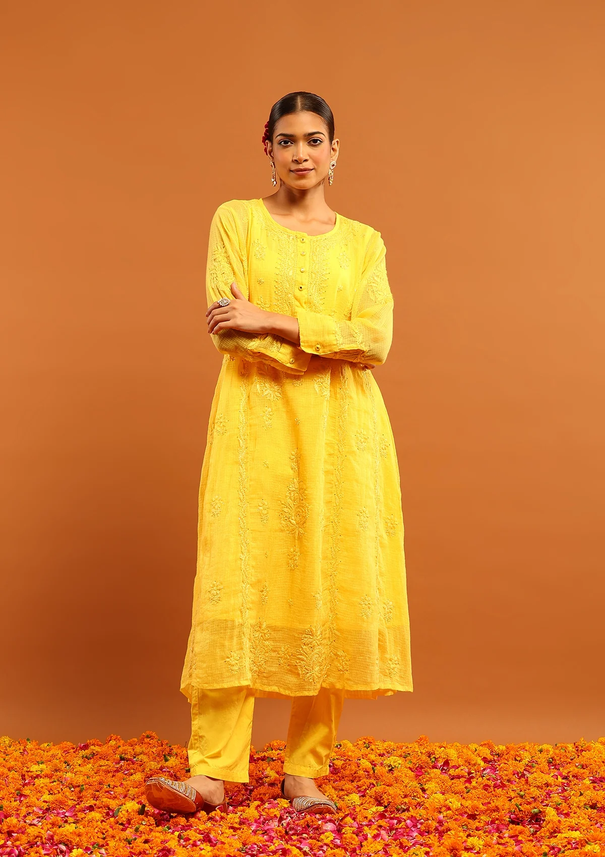 HOC Kota Chikankari Mukaish Work Solid Women's A-Line Kurta With Inner -Yellow - Healthber