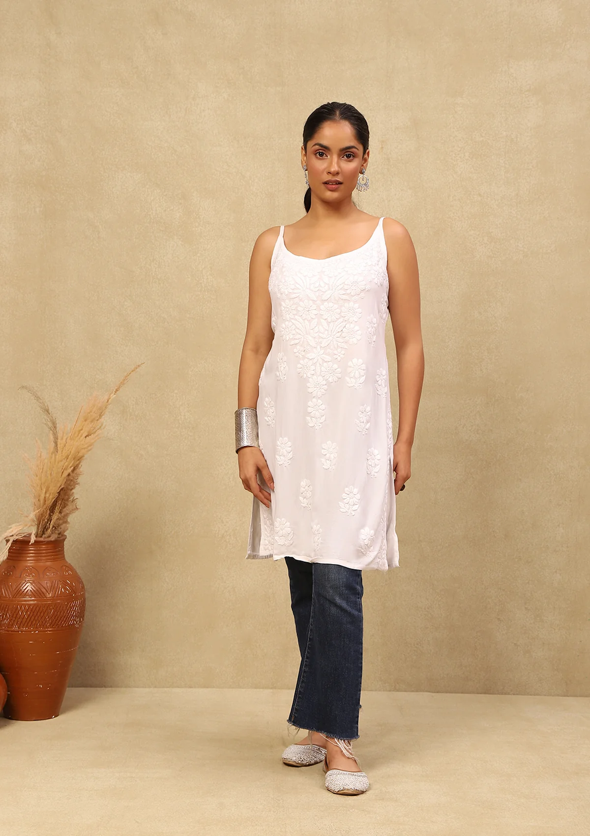 HOC Rayon Chikankari Solid Women's Short Kurta  C White - Healthber