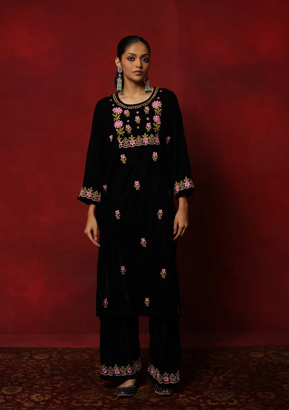 HOC Rumi Chikankari Velvet Straight Kurta Set - Healthber