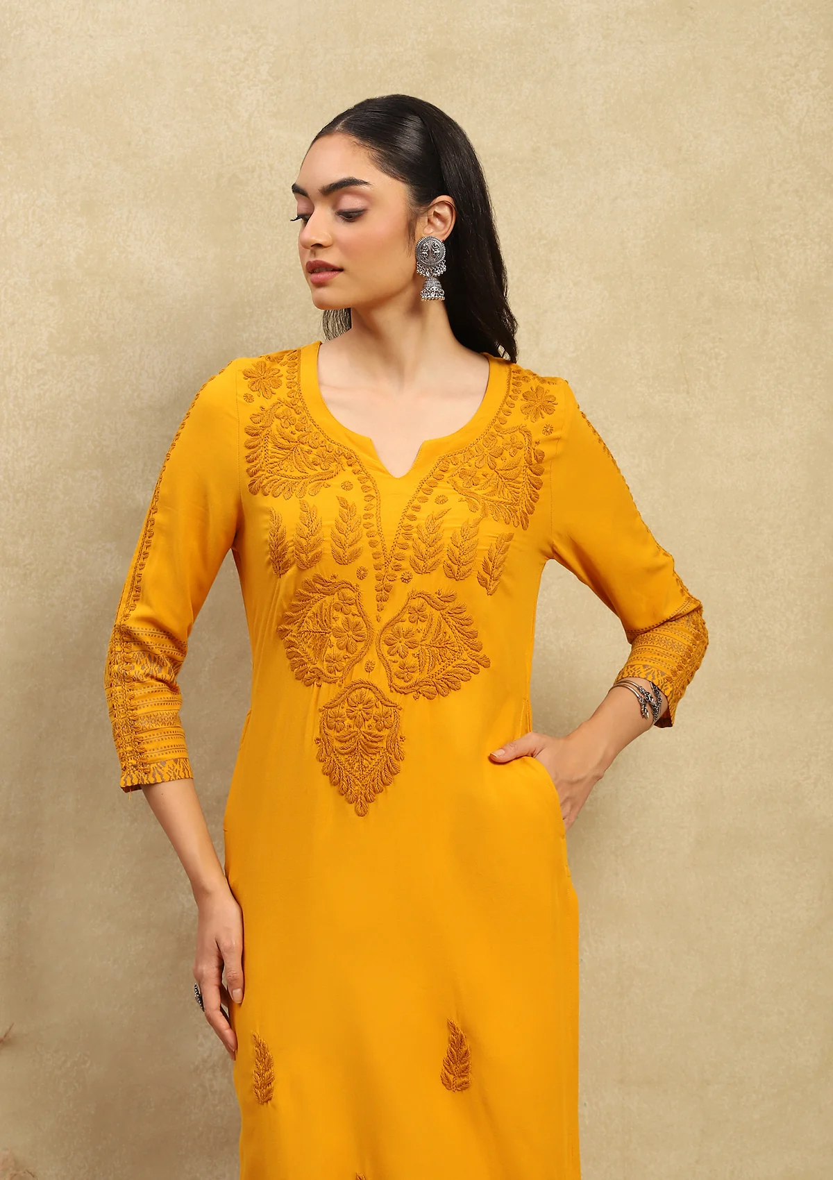 HOC Rayon Chikankari Printed Women's Long Kurta - Mustard Yellow - Healthber