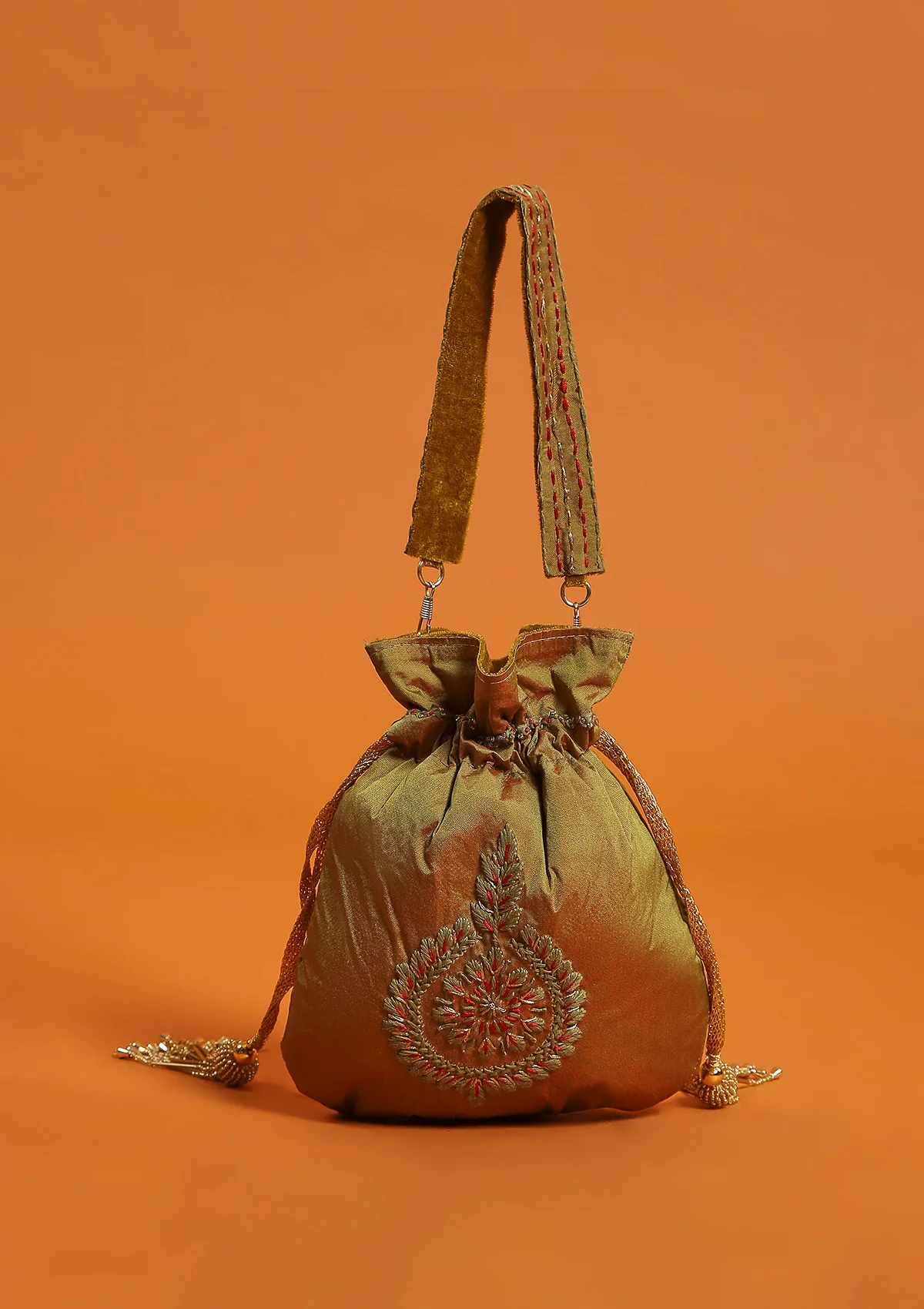 HOC Silk Chikankari Potli with Zari work -Olive Green - Healthber