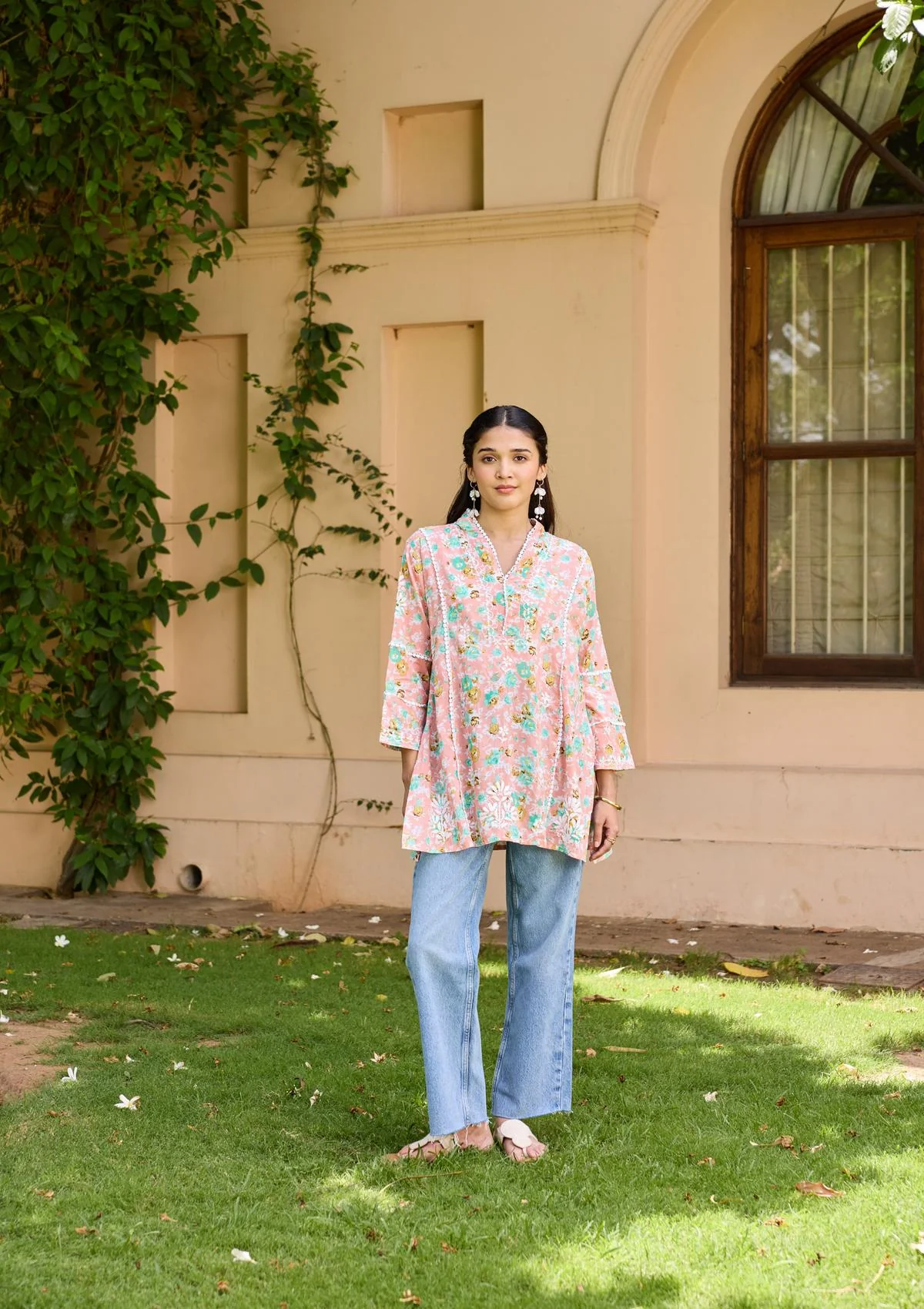 HOC Cotton Chikankari Printed Women's Short Kurta - Peach - Healthber