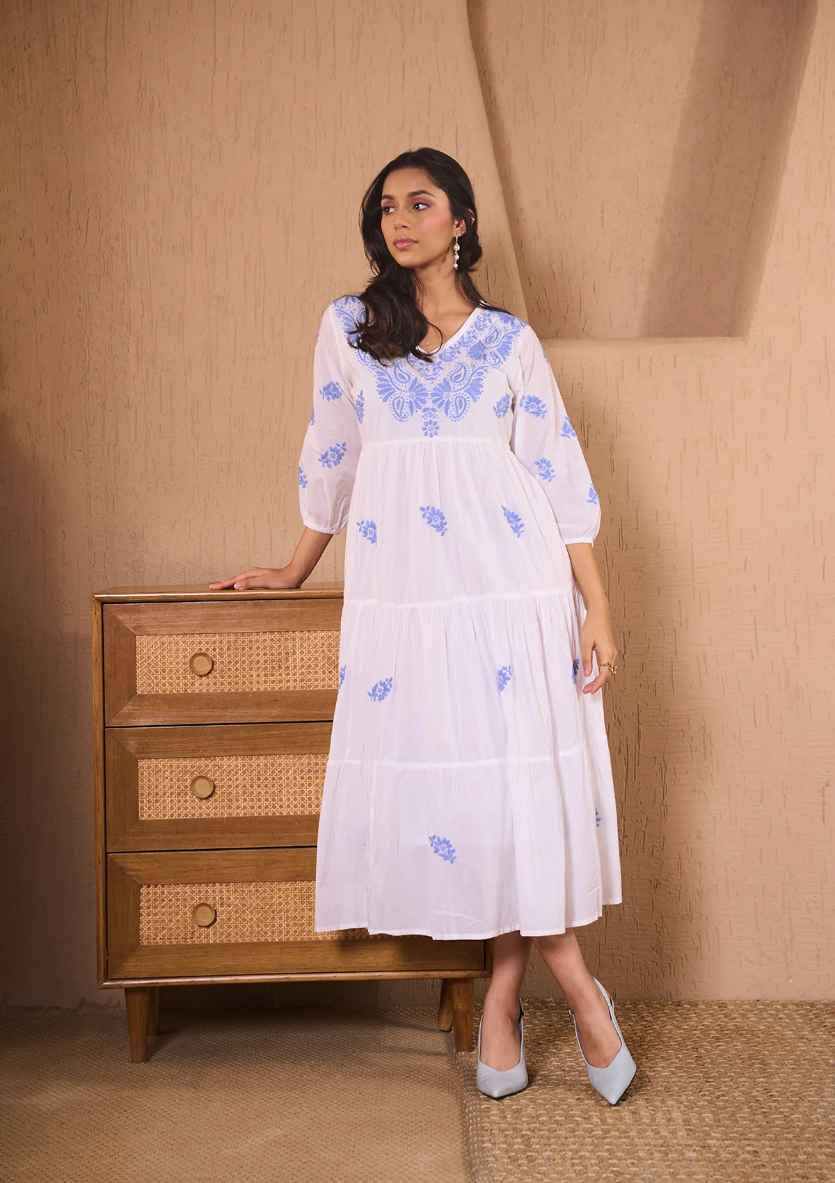 HOC Cotton Chikankari Solid Women's Long Dress-White - Healthber