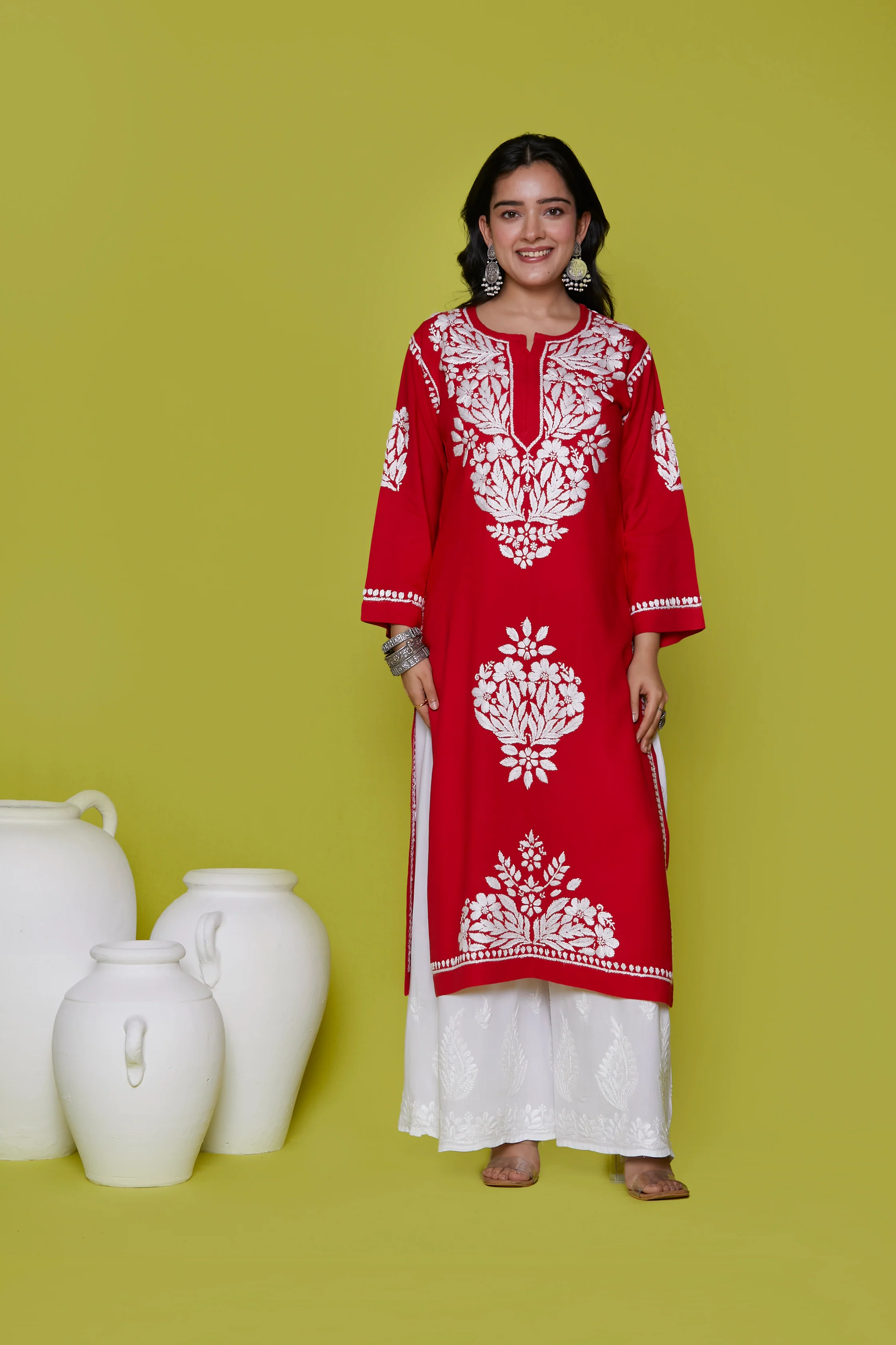 Rayon Chikankari Solid Women's Long Kurta - Red - Healthber