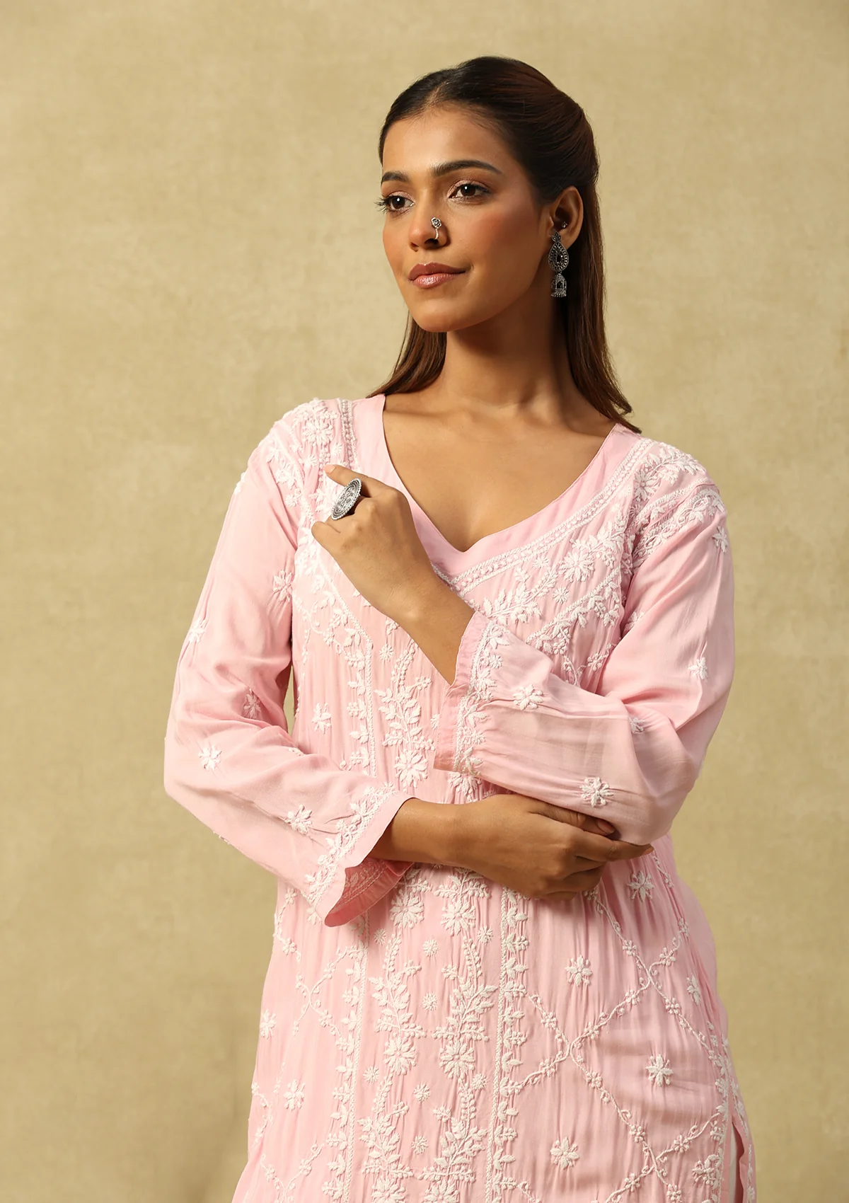 HOC Modal Chikankari Solid Women's Long Kurta -Pink - Healthber