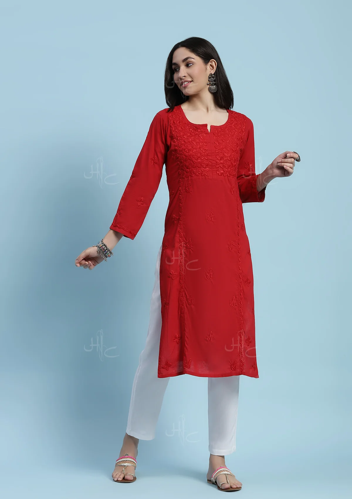 Cotton Chikankari Solid Women's Long Kurta - Red - Healthber