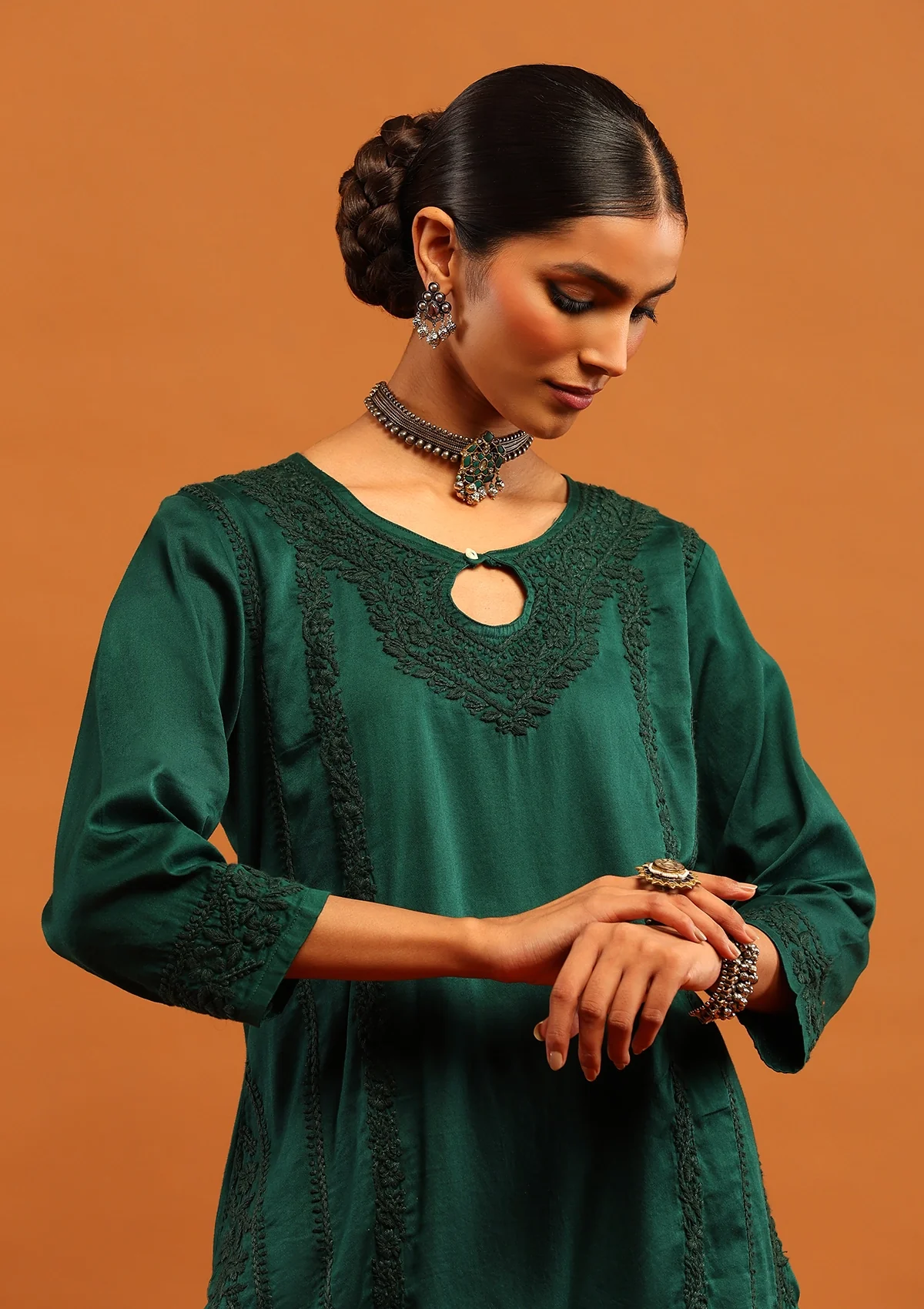 HOC Jaam Silk Chikankari Solid Women's 2 PC Long Kurta Set - Bottle Green - Healthber