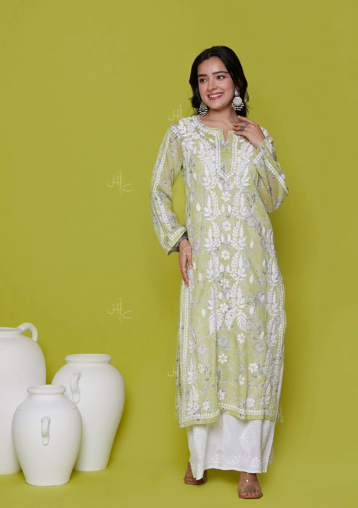 HOC Mulmul Chikankari Printed Women's Long Kurta - Green - Healthber