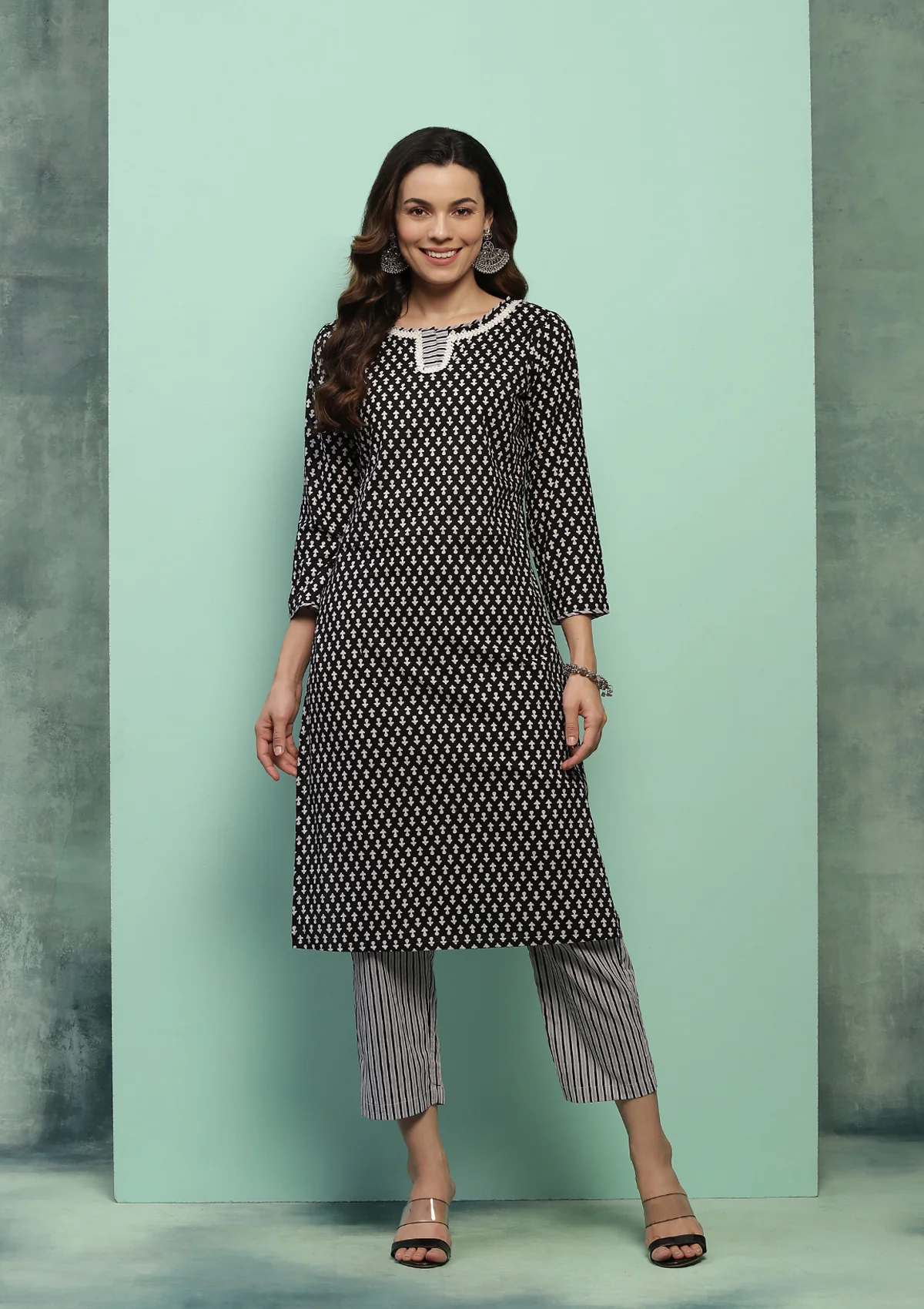 HOC Cotton Printed Women's 2 PC Long Kurta Set - Black - Healthber
