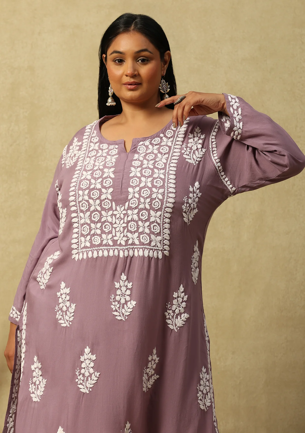 HOC Modal Chikankari Solid Women's Long Kurta -Mauve - Healthber
