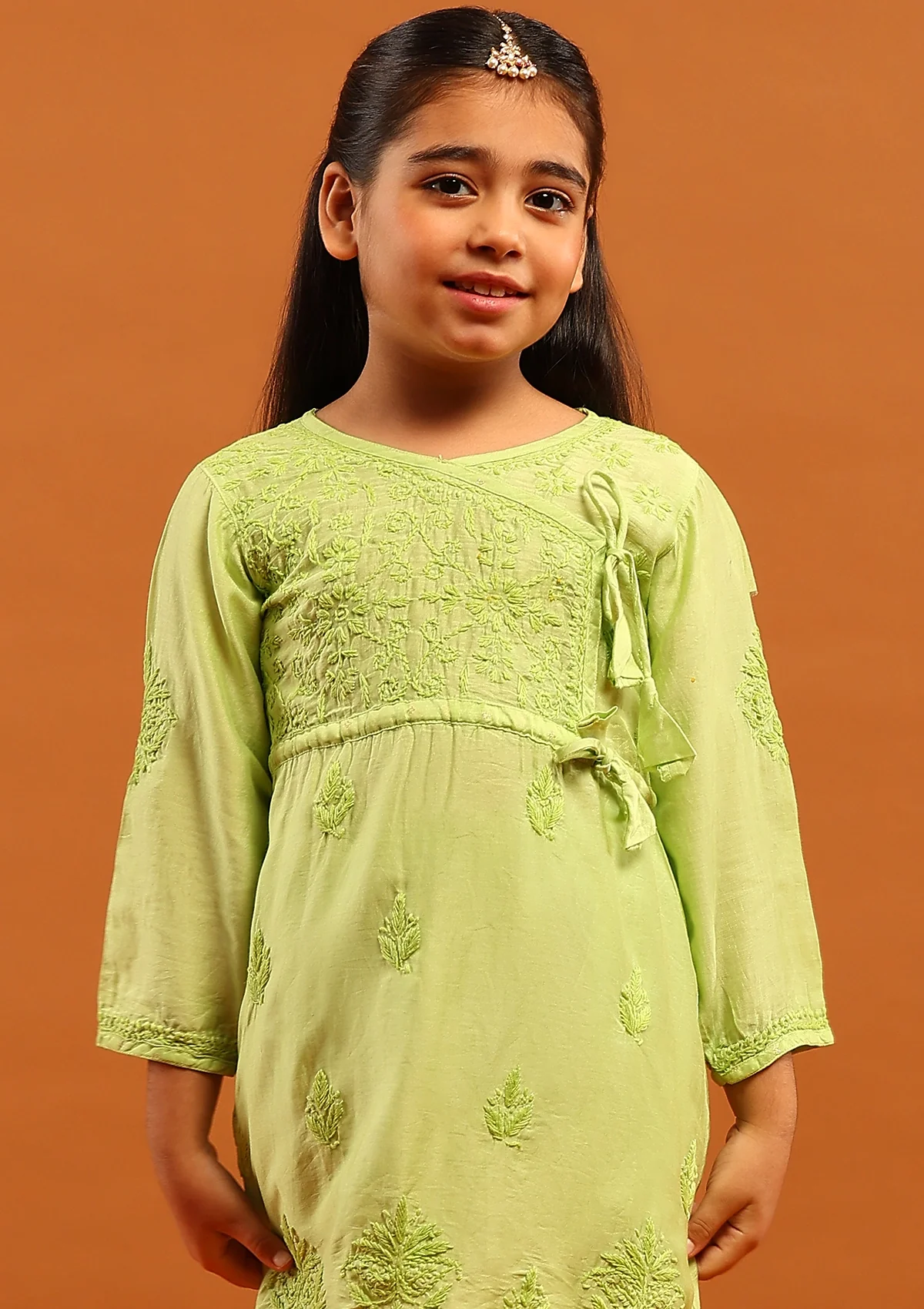 HOC Chanderi Chikankari Solid Girl's 2 PC Kurta Set Angrakha-Green - Healthber
