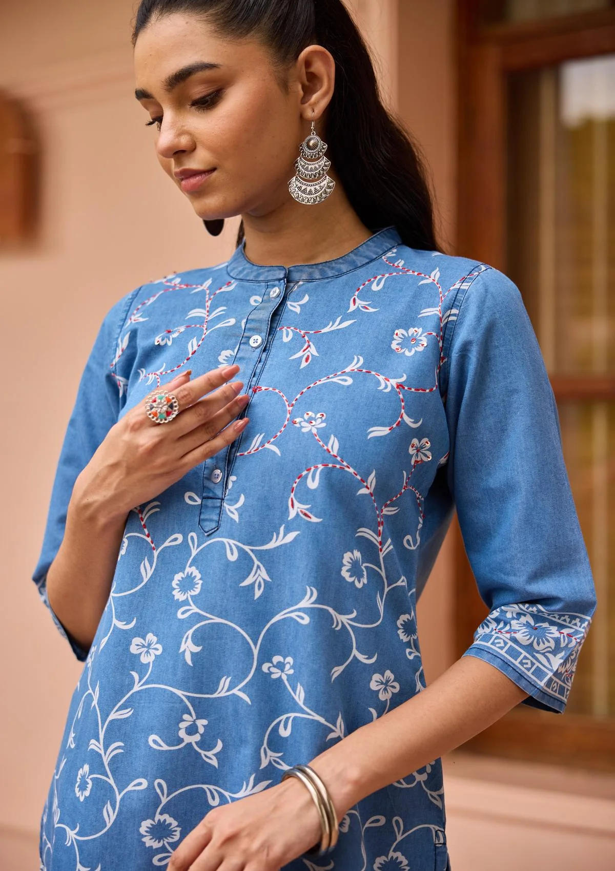 HOC Kantha Hand Embellished Denim Printed Women's Straight Kurta-Light Blue - Healthber