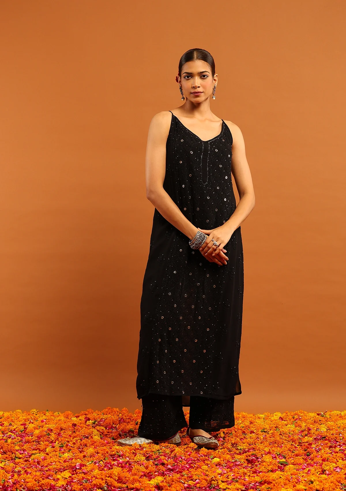 HOC Viscose Georgette Chikankari Mukaish & Kamdani Solid Women's 3 PC Long Kurta Set-Black - Healthber