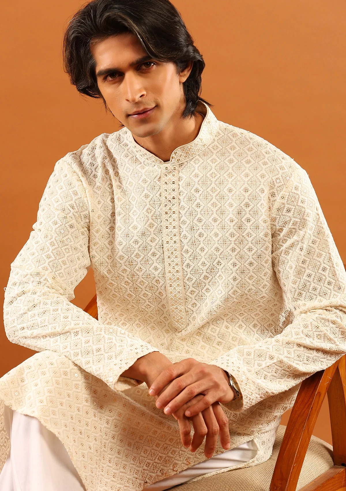 HOC Cotton Embroidered With Sequins Solid Men's Long Kurta- Cream - Healthber