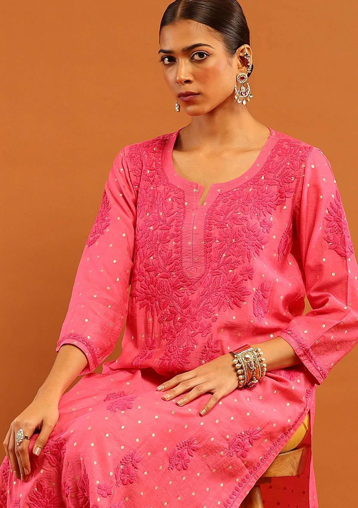 HOC Banarasi Chanderi Chikankari Solid Women's Long Kurta- Dark Pink - Healthber