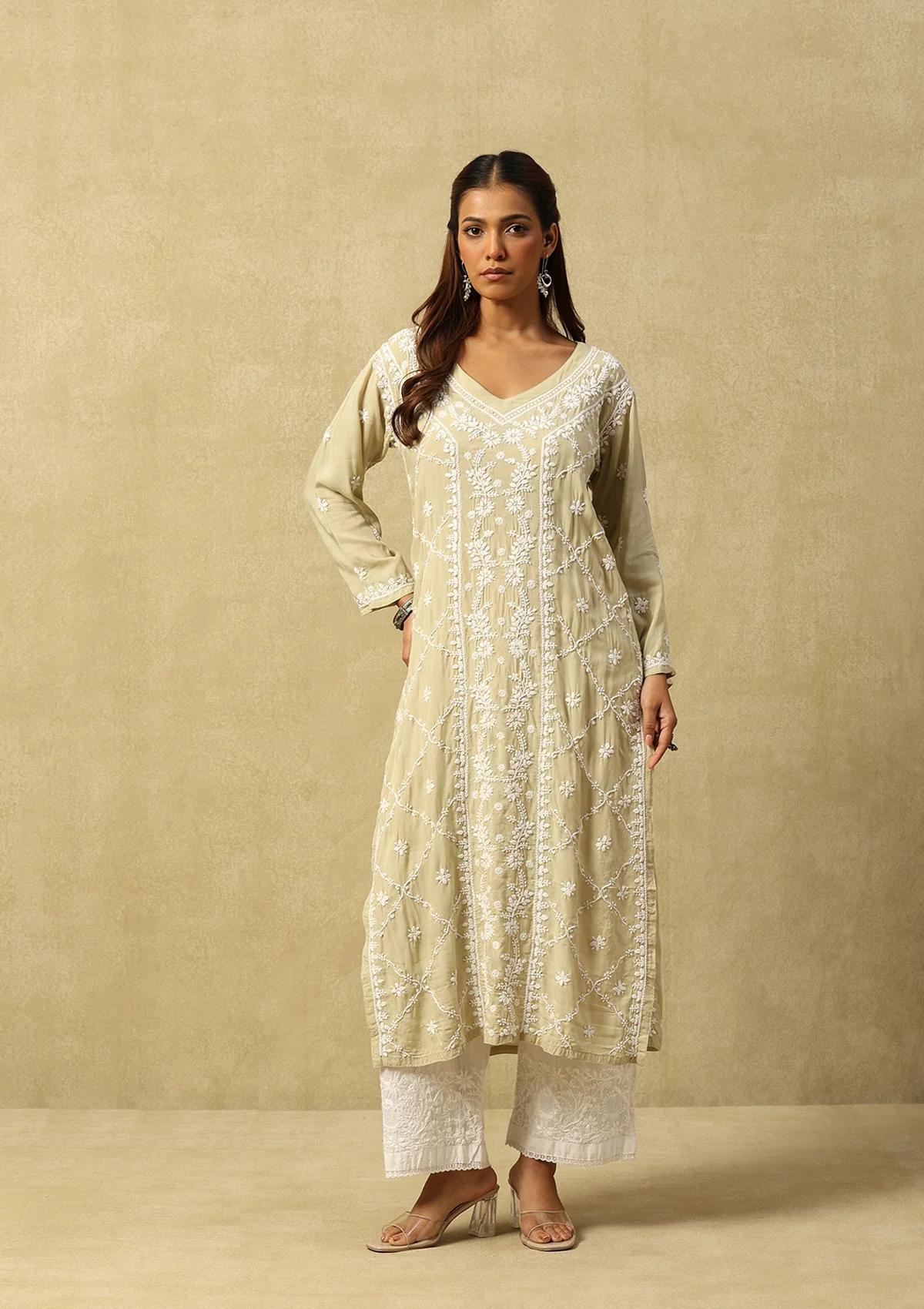 HOC Modal Chikankari Solid Women's Long Kurta - Light Green - Healthber
