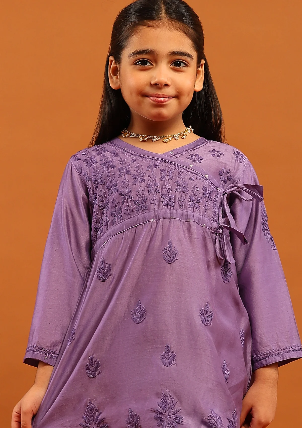 HOC Chanderi Chikankari Solid Girl's 2 PC Kurta Set Angrakha-Lavender - Healthber