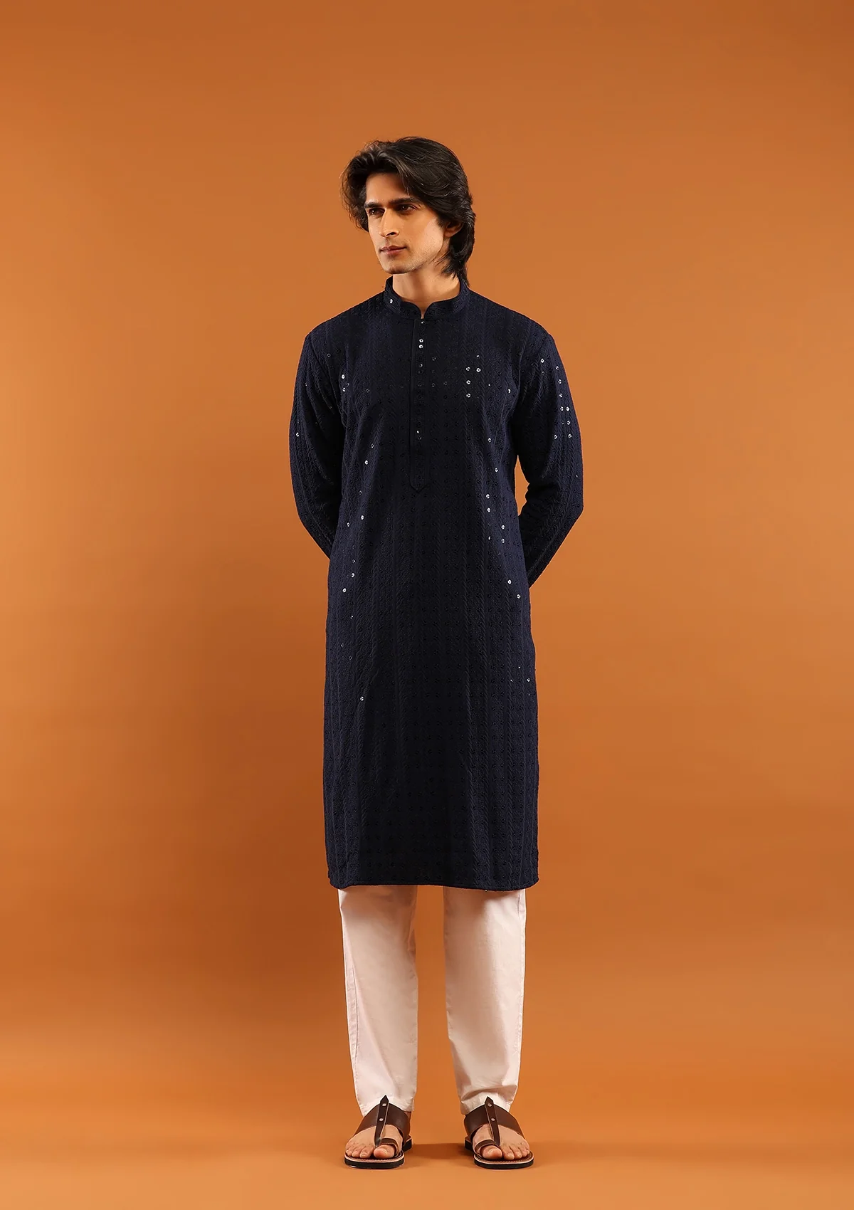 HOC Rayon Embroidered With Sequins Solid Men's Long Kurta- Navy Blue - Healthber